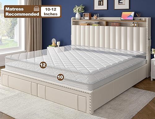 Miniatura 7 de EnHomee Base de cama tamaño King, base de cama tapizada tamaño King con 4 cajones de almacenamiento y estantes de cabecera de 2 niveles, resistencia
