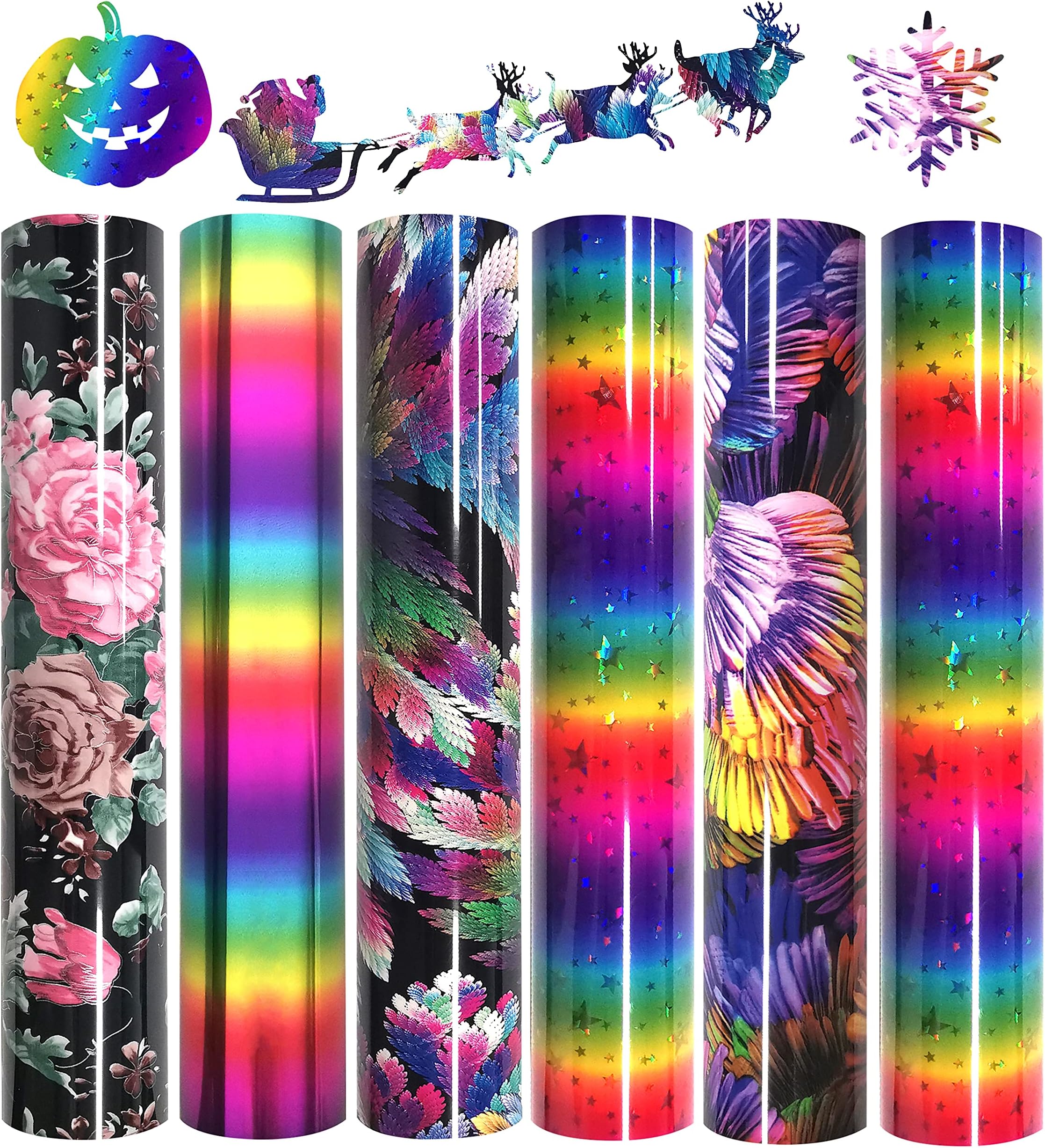 NICEVINYL Floral HTV Heat Transfer Vinyl Holographic Iron on Vinyl 6 Pack 12 x 10inch Rainbow Floral Flower Stars Pattern Vinyl for T Shirts Clothing DIY Craft Decor