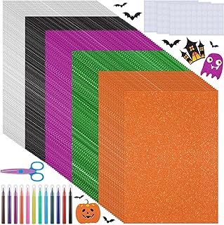 150 Pcs Halloween Glitter Cardstock Paper Kit Halloween Sparkly Card Stock Paper A4 Glitter Card Stock Sparkly Paper with Scissors, Paint Pens, Stickers for Making Art Crafts