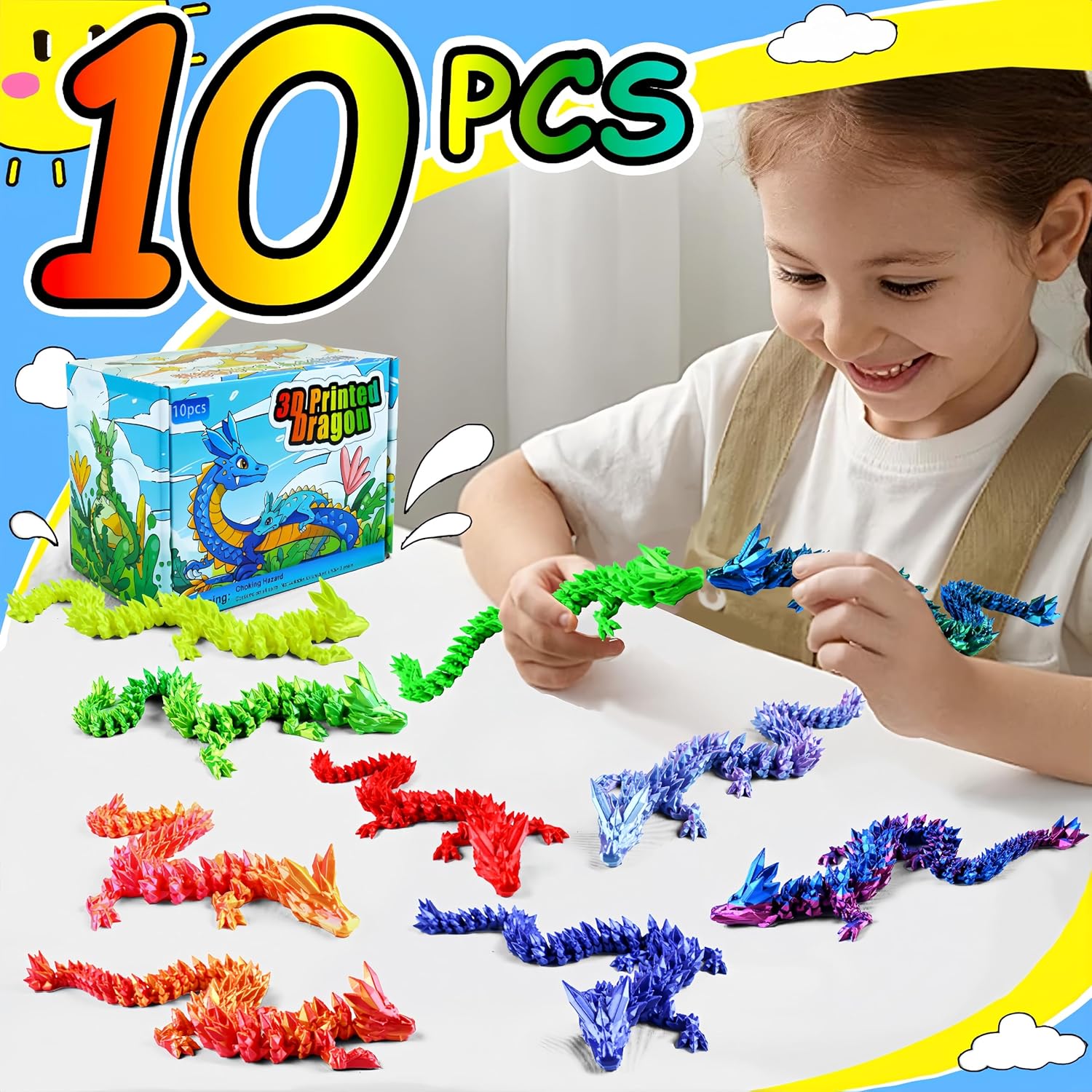 Impossmaker 10PCS Rainbow 12" 3D Printed Dragon Set – Colorful Articulated Crystal Dragons, Cool Fidget Toys & Desk Decor, Unique 3D Printed Animals, Vibrant Gift for Teens, Adults, Fantasy Fans