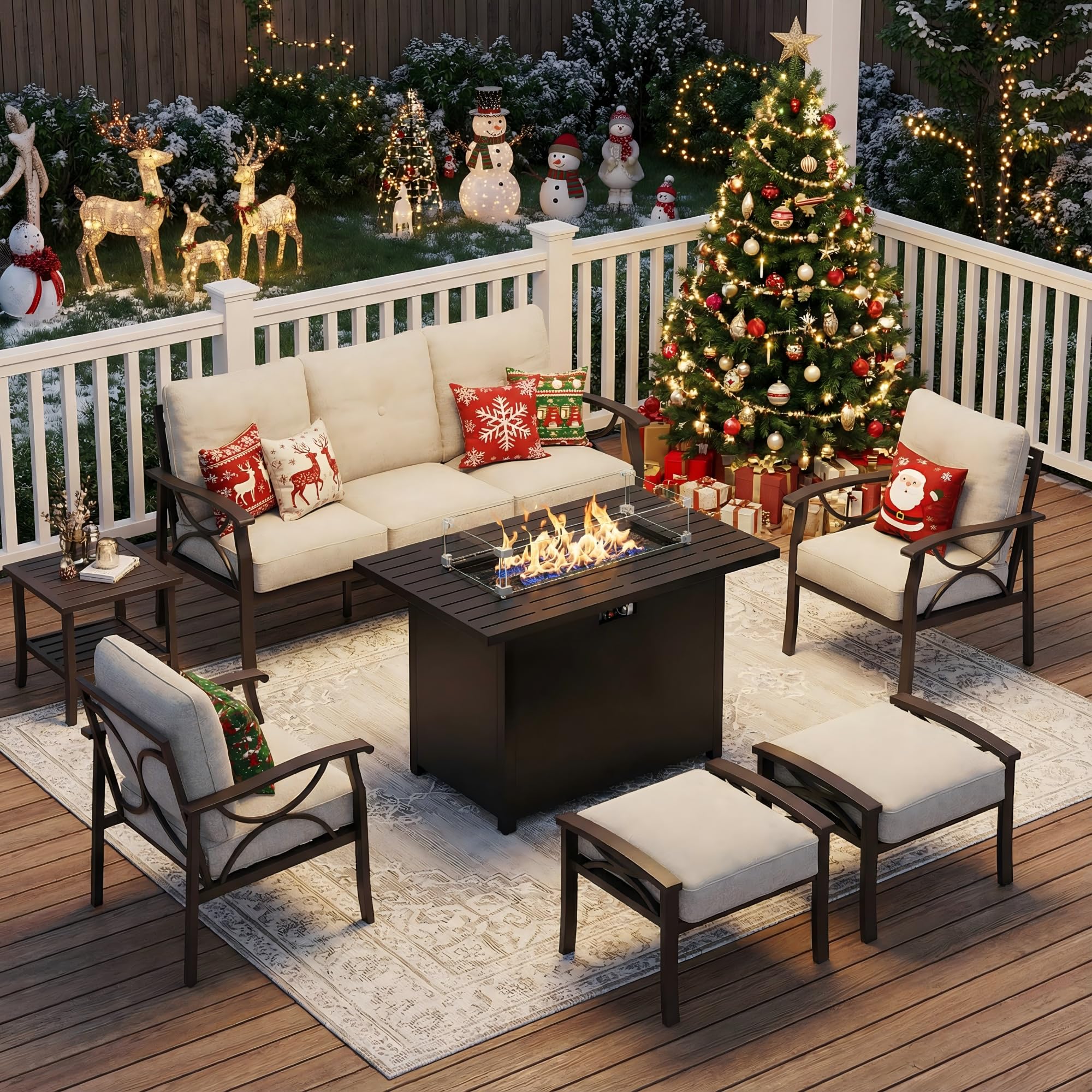 FansaFurn 7-Pieces Outdoor Patio Furniture Set with 43" Fire Pit Table, Outdoor Metal Sectional Sofa with Cushions, Outdoor Conversation Set for