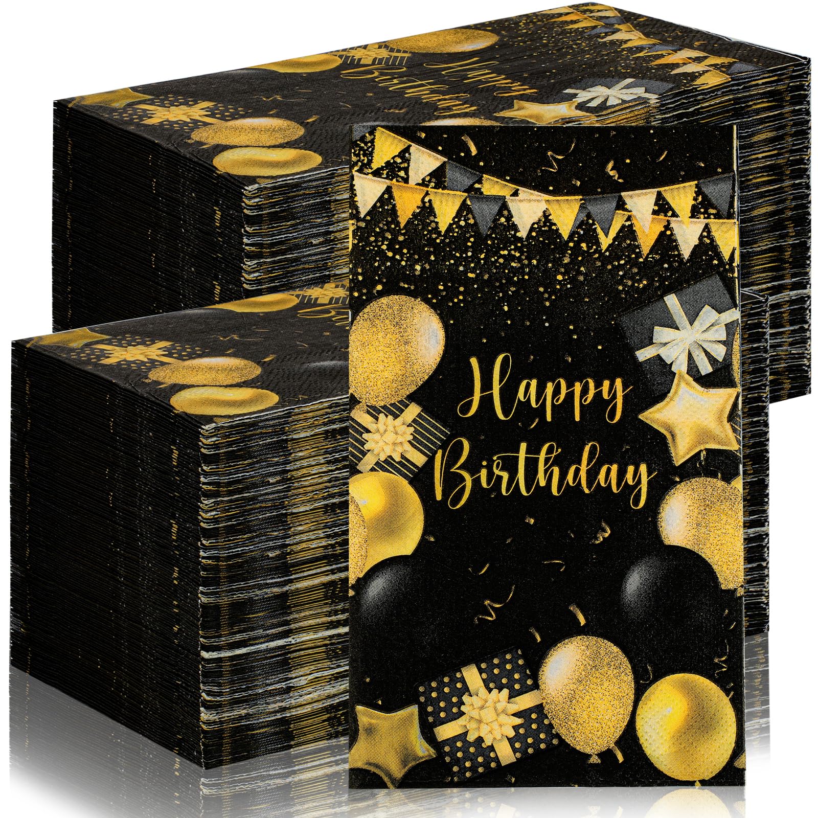 Zonon 200 Pcs Happy Birthday Guest Napkins Black and Gold Themed Disposable Party Napkins Balloon Disposable Hand Towels Decorative Paper Bathroom for