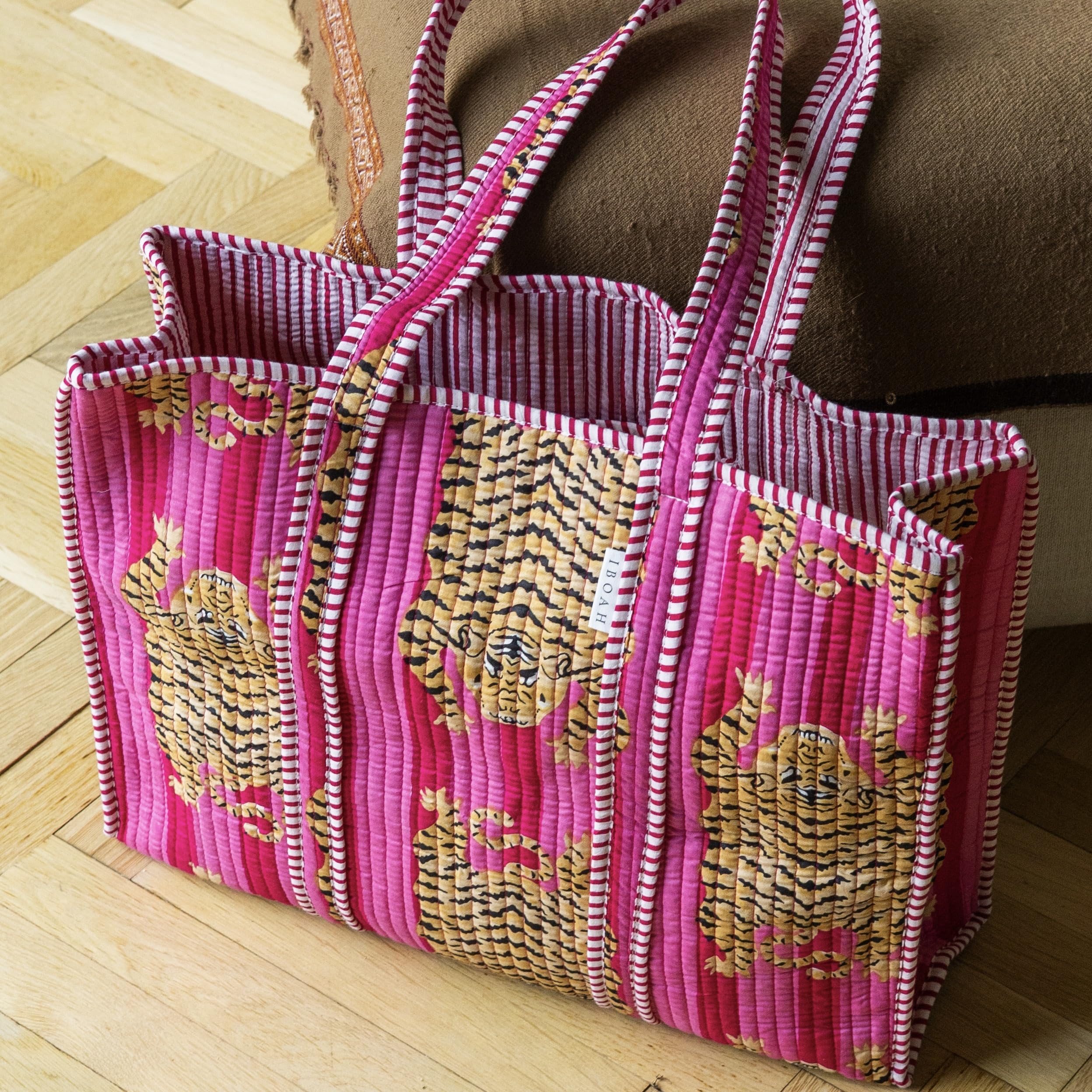 Handtasche aus Baumwolle mit Tigermuster, groß, gepolstert, handgefertigt