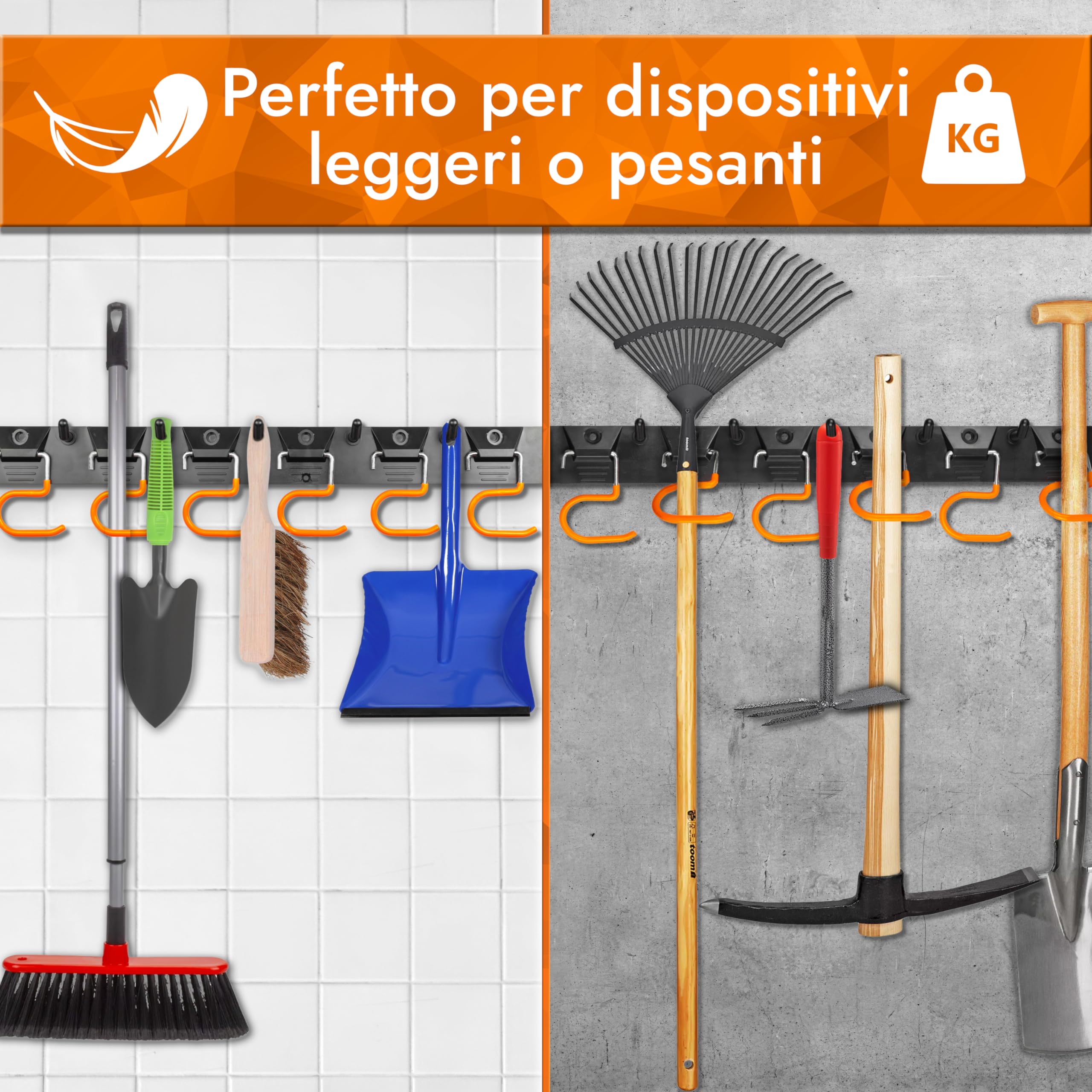 Portautensili da giardino [2x40cm] Organizer per utensili con ganci antiscivolo – portautensili per scope, zappe e altri utensili da giardino (portascope da parete)