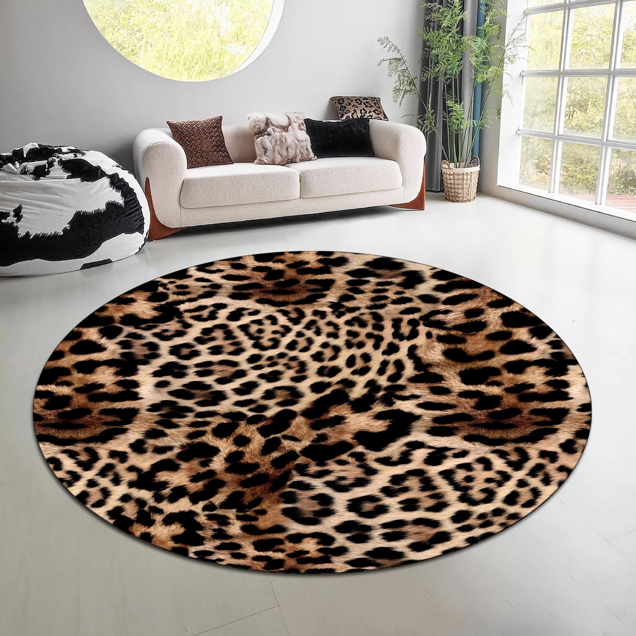 Brauner Leopardenmuster Runder Teppich 120cm - rutschfest & fusselarme waschbare Auslegware, weicher Tierprint Bodenmatte für Wohnzimmer, Schlafzimmer, Büro