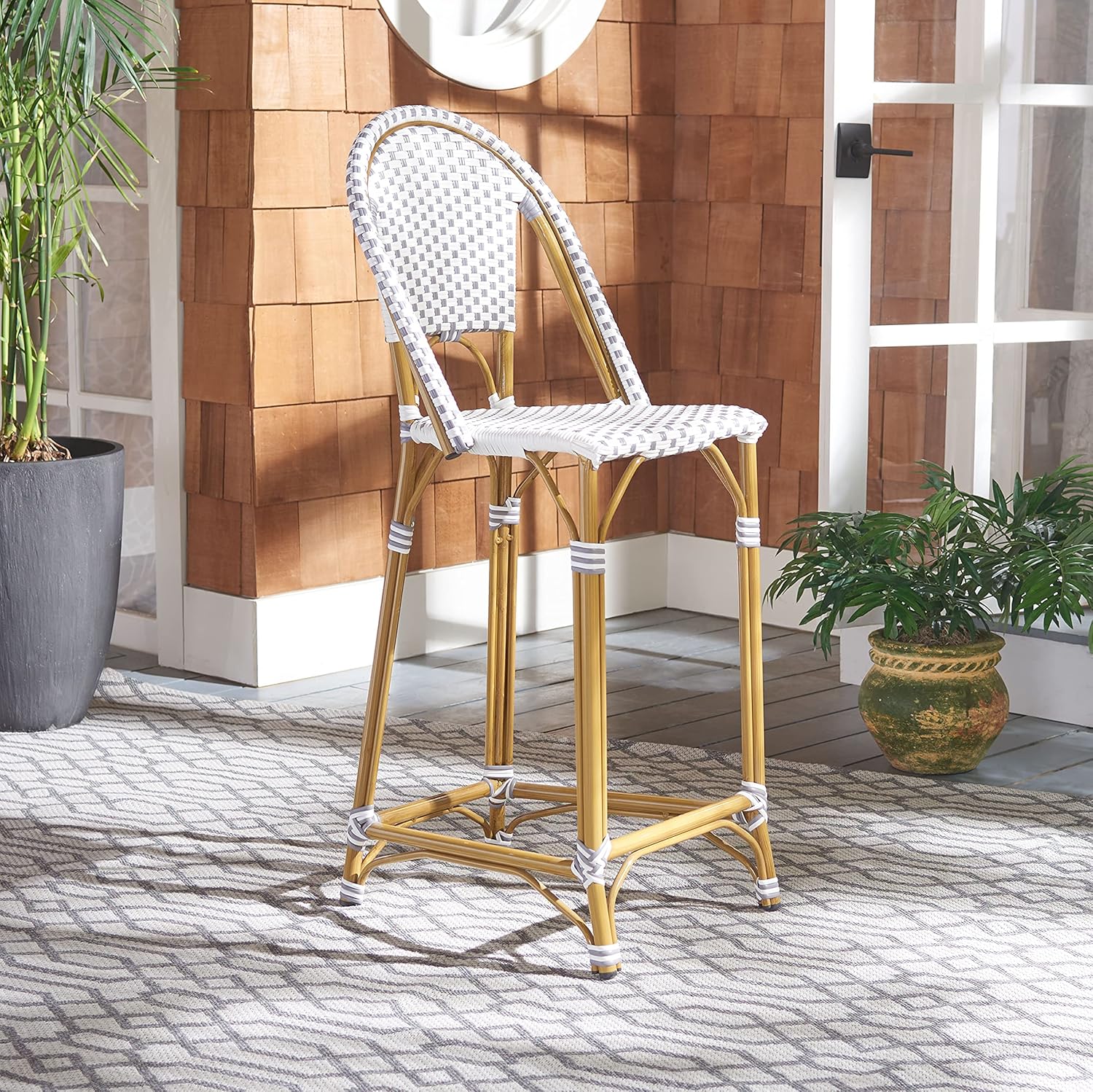 Safavieh PAT4038B Outdoor Collection Zaid Grey and White Stackable 30-inch Bar Stool