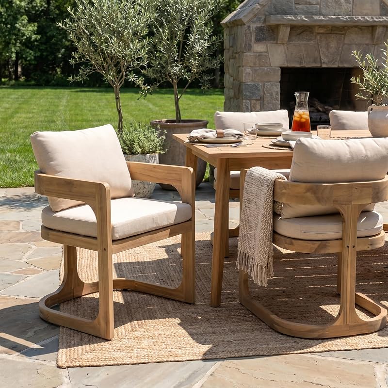 Christopher Knight Home Zeke Outdoor Dining Chairs Set of 2, Acacia Wood Dining Chairs with Water-Resistant Cushions, Patio Side Chairs with U-Shaped Sled Base & Curved Armrests, Beige + Natural image 4