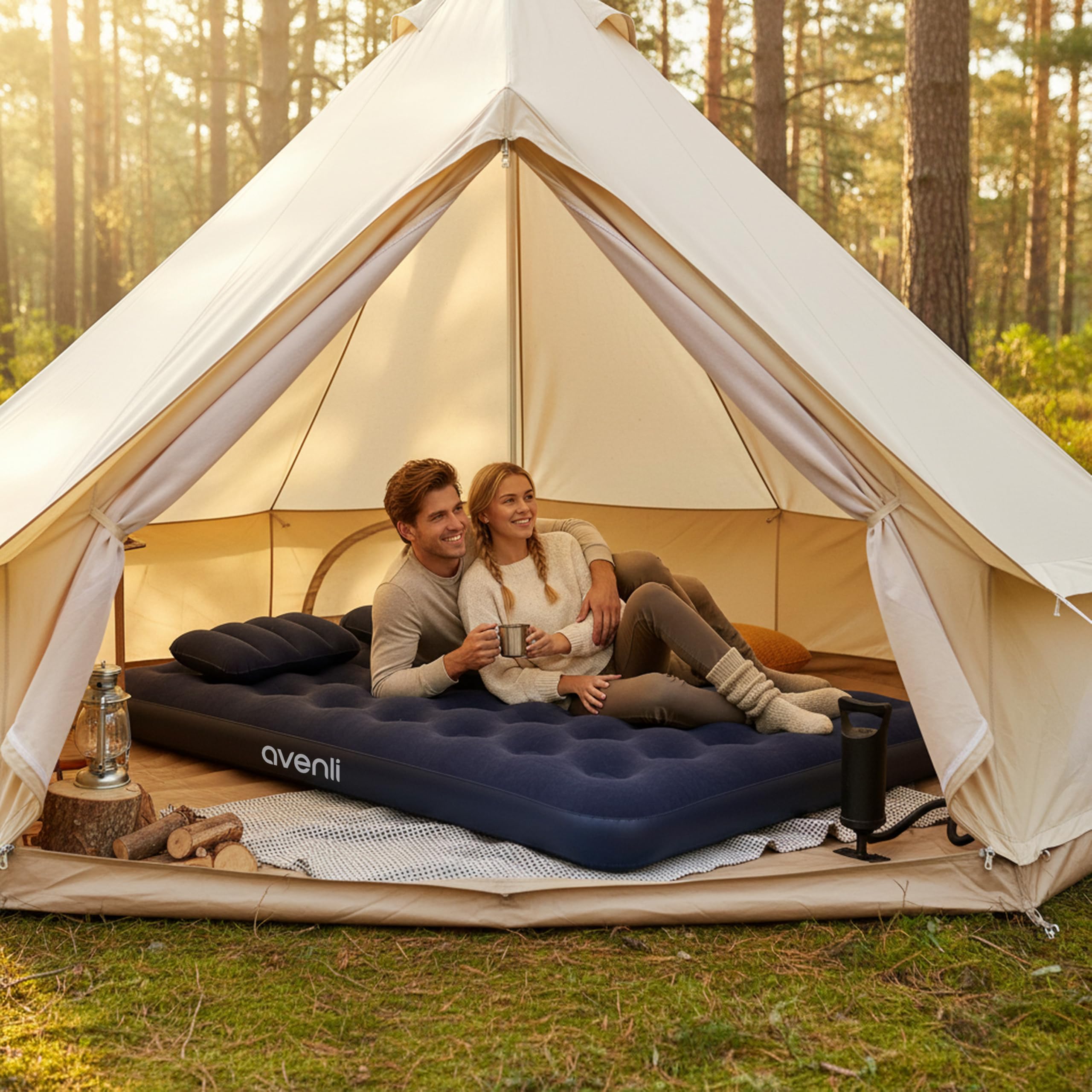 AVENLI Materasso gonfiabile Queen-Size 203x152x22 cm, 2 persone, Coil-Beam, con pompa e 2 cuscini, fino a 300 kg, blu, campeggio letto ospiti outdoor – materasso gonfiabile per 2 persone