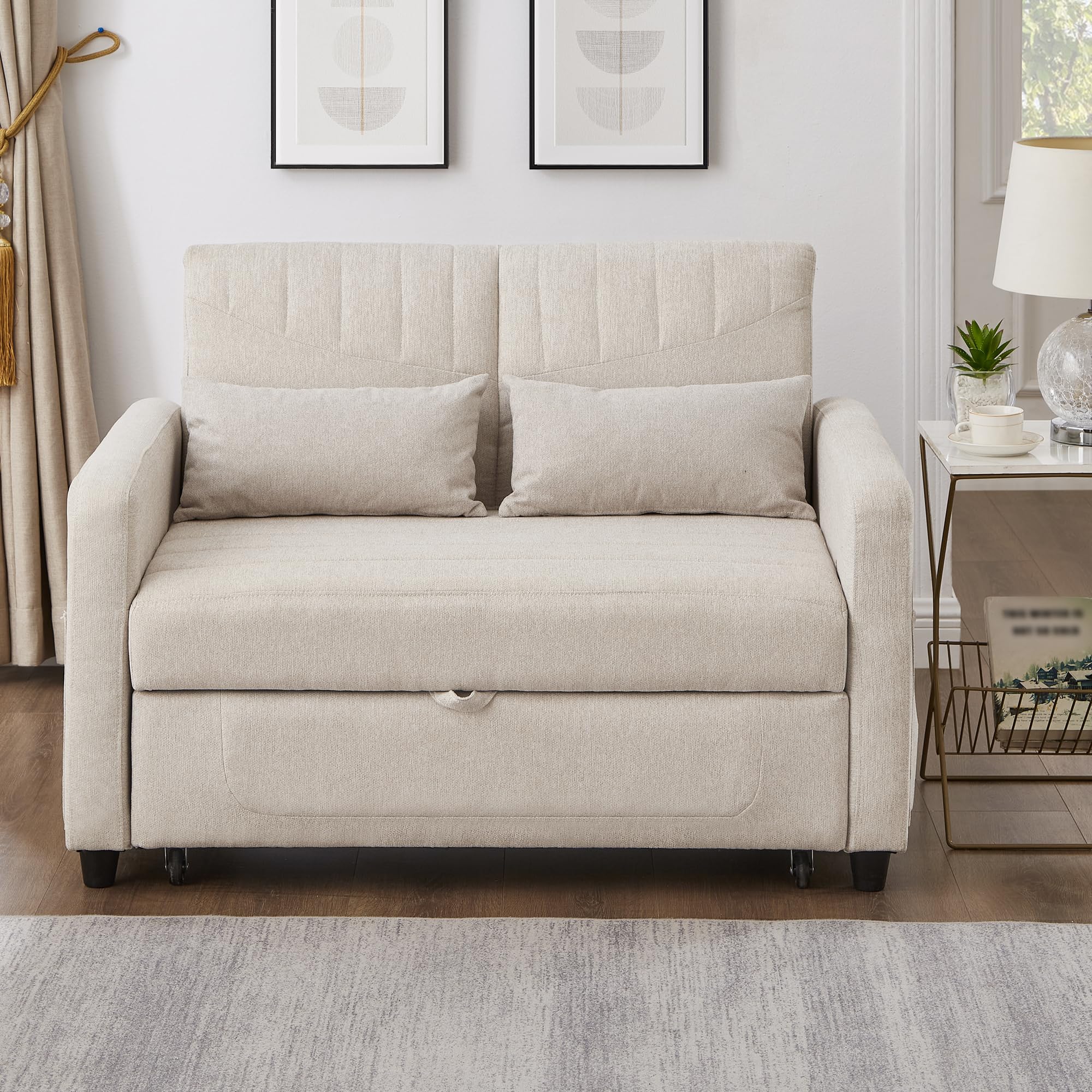 Divano a due posti con funzione letto, divano pieghevole con schienale regolabile, divano letto estraibile, divano letto con contenitore, piccoli divani per piccoli spazi, 114 x 77 cm, beige