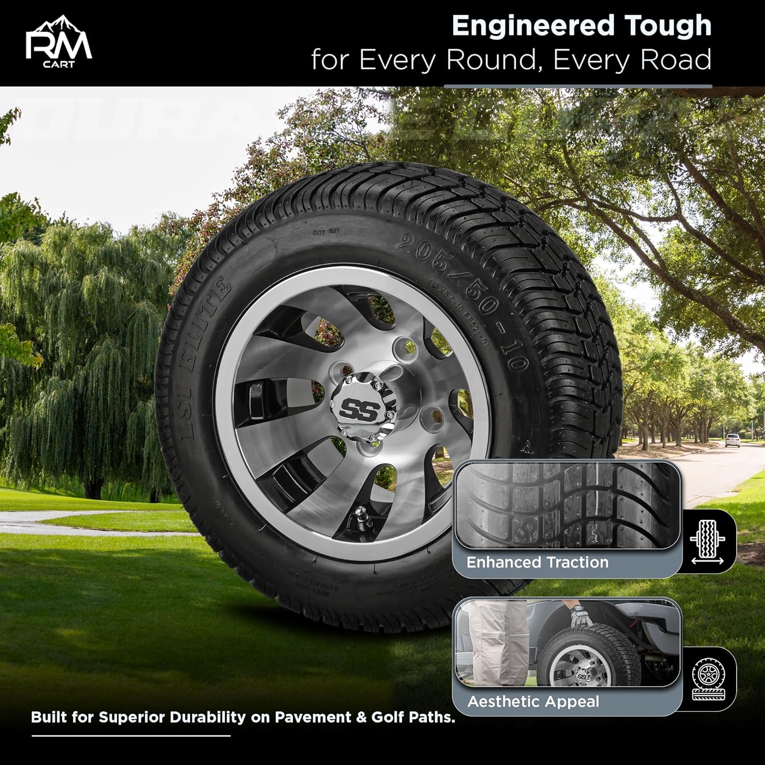 RM Cart 10" Gunslinger Black/Machined on 205/50-10 LSI Elite Low Pro Tires (Set of 4) | Golf Cart Tires and Wheels Combo with Standard Lug Nuts