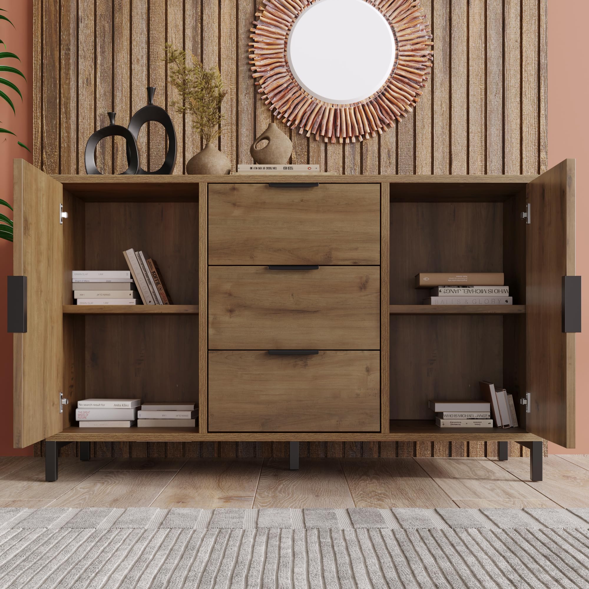 Merax Aparador cómoda con 2 puertas y 3 cajones de 120 cm, armario buffet con estante ajustable, armario de almacenamiento en roble oscuro, patas metálicas, para dormitorio, salón, 120 x 40 x 76 cm