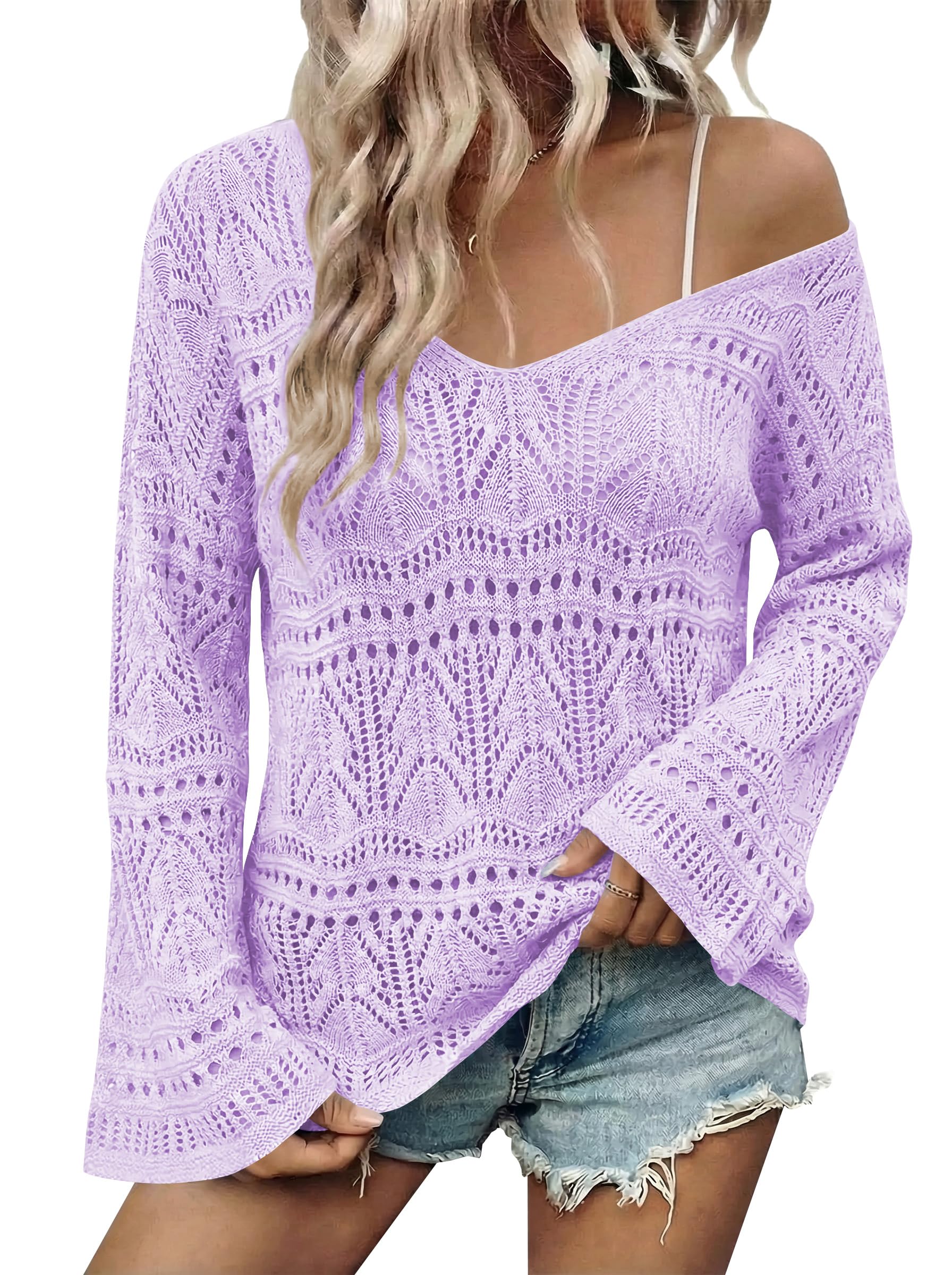 Cakulo Womens Summer Crochet Tops Boho Off Shoulder Sweaters Lightweight V Neck Loose Vacation Resort Wear 2026