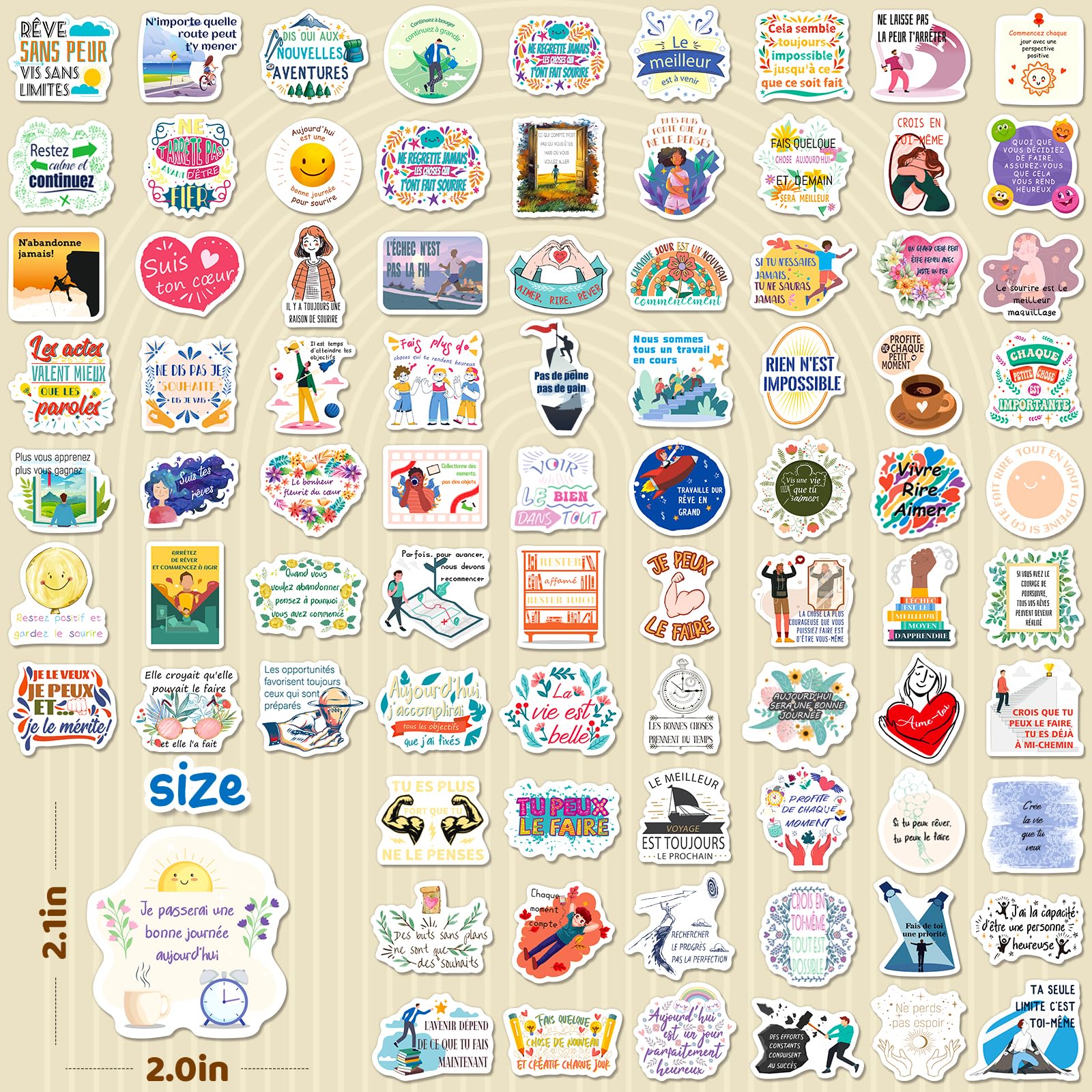 WAKEMOODEI 200 PCS French Inspirational Stickers for Teens Adults Kids, Motivational French Stickers for Students Teachers, Vinyl Positive Gifts Water Bottle Decals