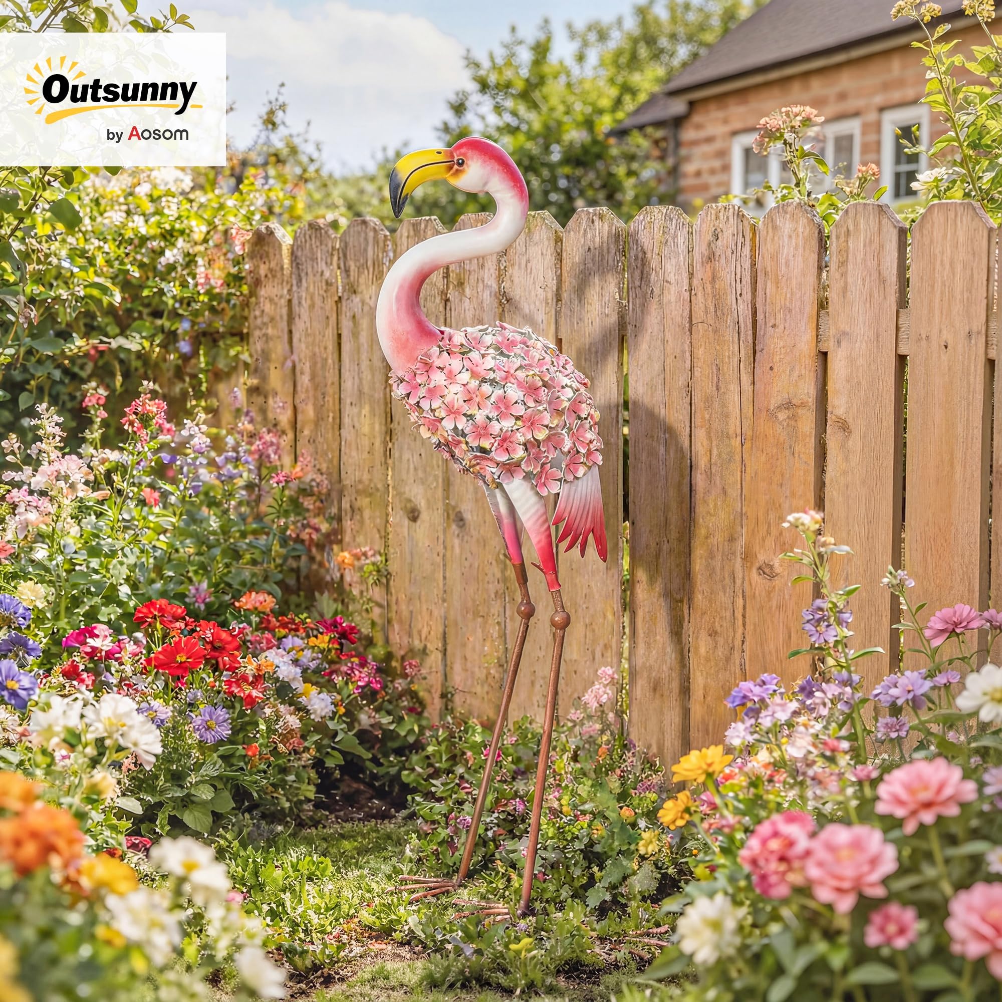 Outsunny - Estatua de jardín flamenco, diseño de pájaro de metal con plumas florales, decoración al aire libre con estacas de fijación para jardín, terraza o paisaje, rojo