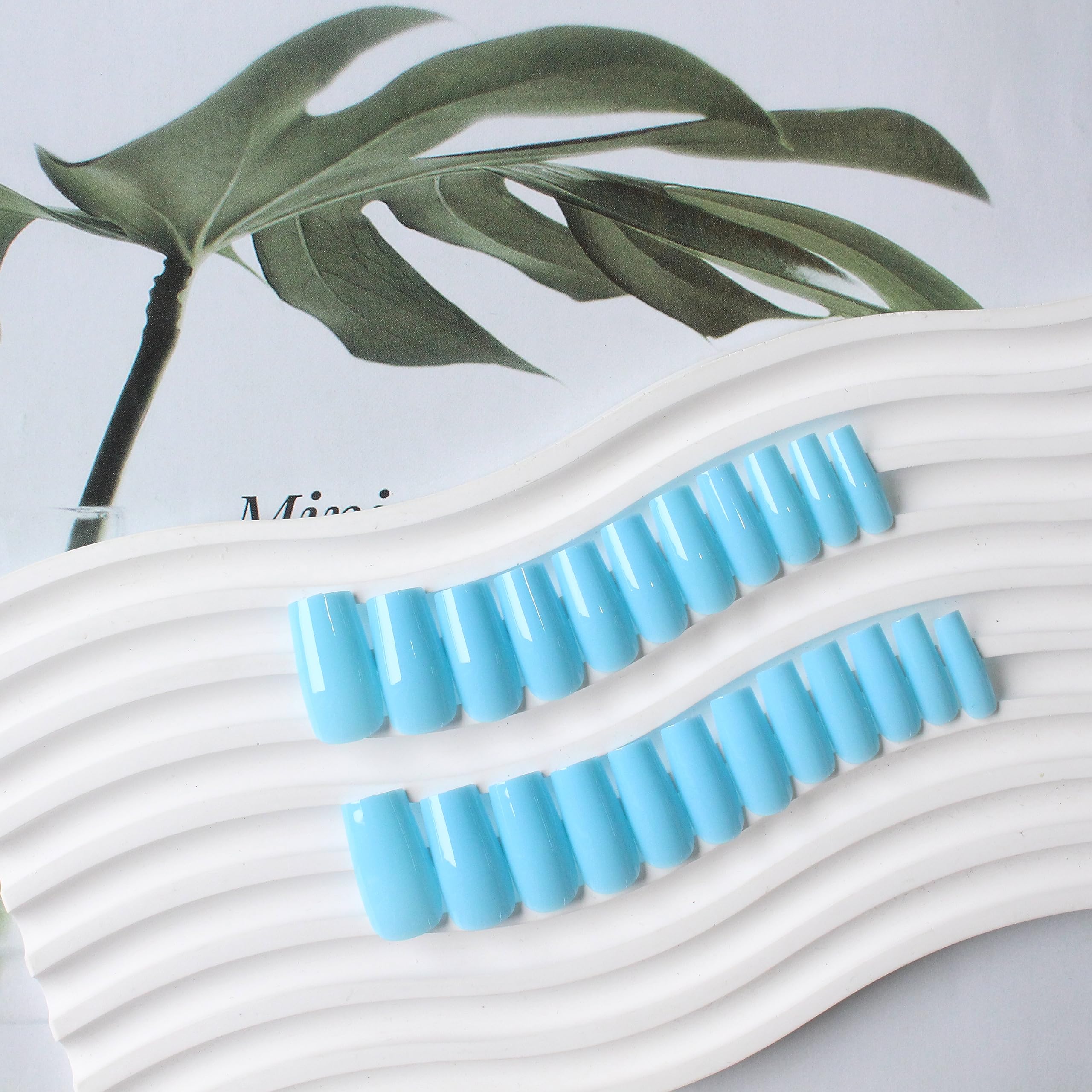 KQueenest Light Blue Press on Nails Long Square, Baby Blue False Nails Long Medium Coffin - Image 3