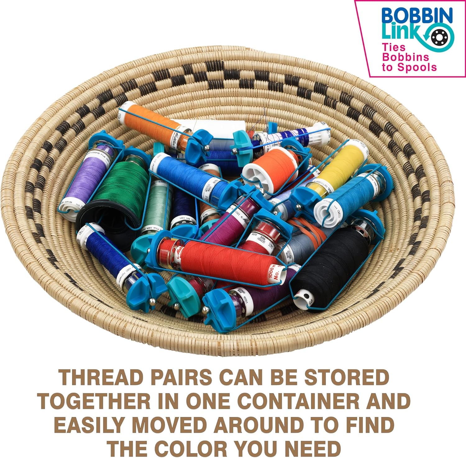 BobbinLink Universal Spool and Bobbin Connector Eliminates Color Mismatch, Enables Compact Storage Comes with 10 BobbinLinks & 10 Ringlet Thread Bands
