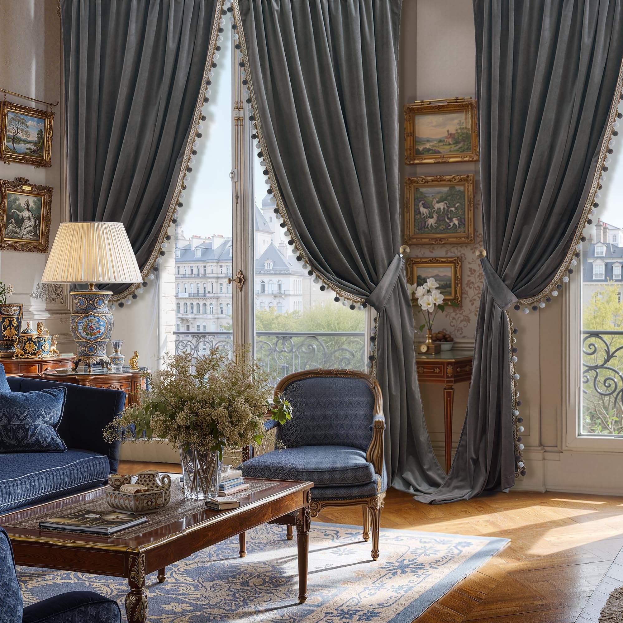 StangH Cortinas de Terciopelo de Lujo con Pompones, Cortinas Decorativas para oscurecer la habitación, con Aislamiento térmico, Bolsillo para cortinero, para Sala de Estar/Armario, 52 Pulgadas de