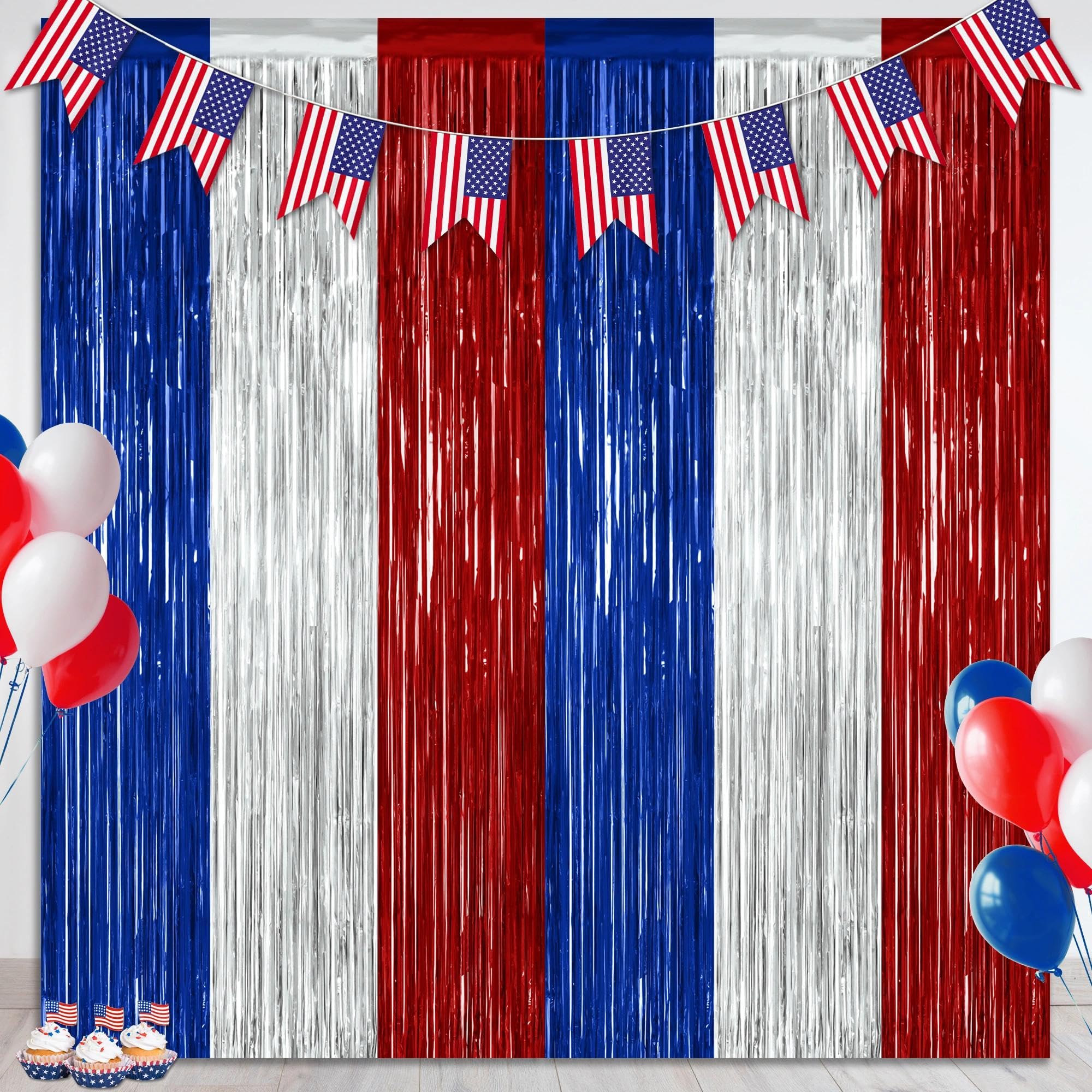 Photo 1 of 2 Pack 4th of July Decorations, 3.28 FT x 7.05 FT 250 Anniversary Tinsel Backdrop, Red Silver Blue Fringe Curtains Streamer Backdrop, Independence Day Photo Backdrop Party Supplies