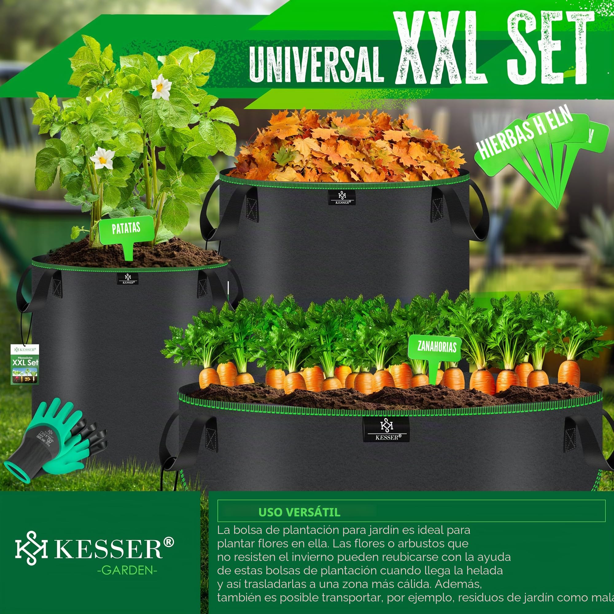 KESSER® Bolsa de Plantación 190 litros - 4er Set | Bolsas de Plantación de Tela no Tejida Incl. Etiqueta y Guantes de Jardín | Bolsa de Plantación de Patatas con Ventana y Asas - Negro