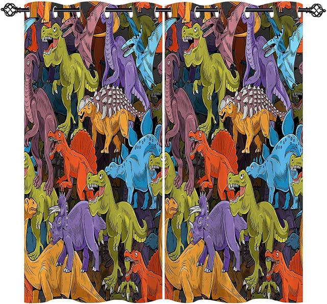 ANHOPE Dinosaur Curtains Eyelet Thermal Insulated Ring Top 80% Blackout Curtains with Jurassic Animal Dino Print Pattern Window Drapes for Kids Boys Girls Bedroom Living Room 46 x 54 Inch 2 Panels