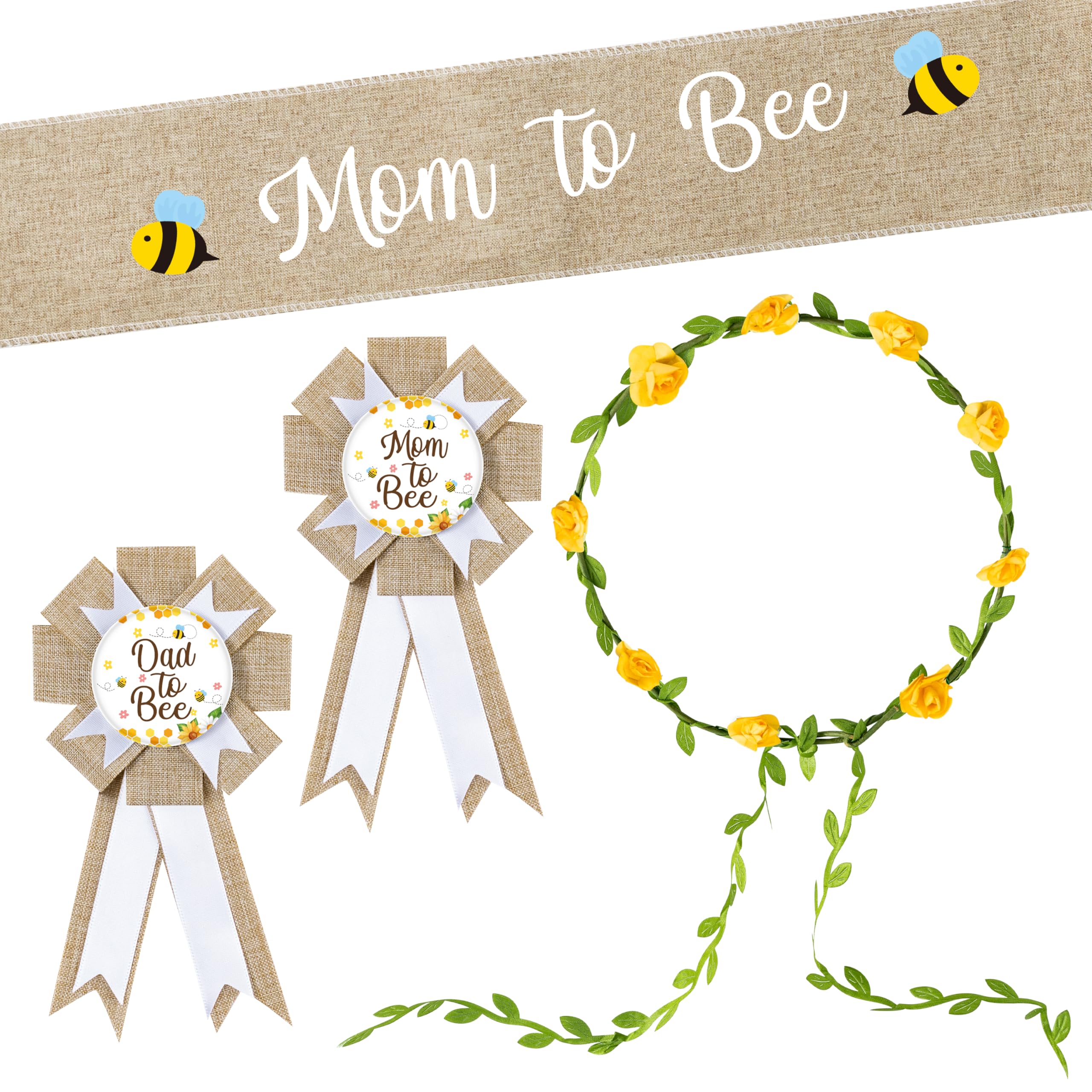 R HORSE 5Pcs Mom to Bee Sash Dad to Be Pin, Bee Neutral Burlap Maternity Sash Corsage Pin and Flower Crown Headband, Pregnancy Props Keepsake Gifts
