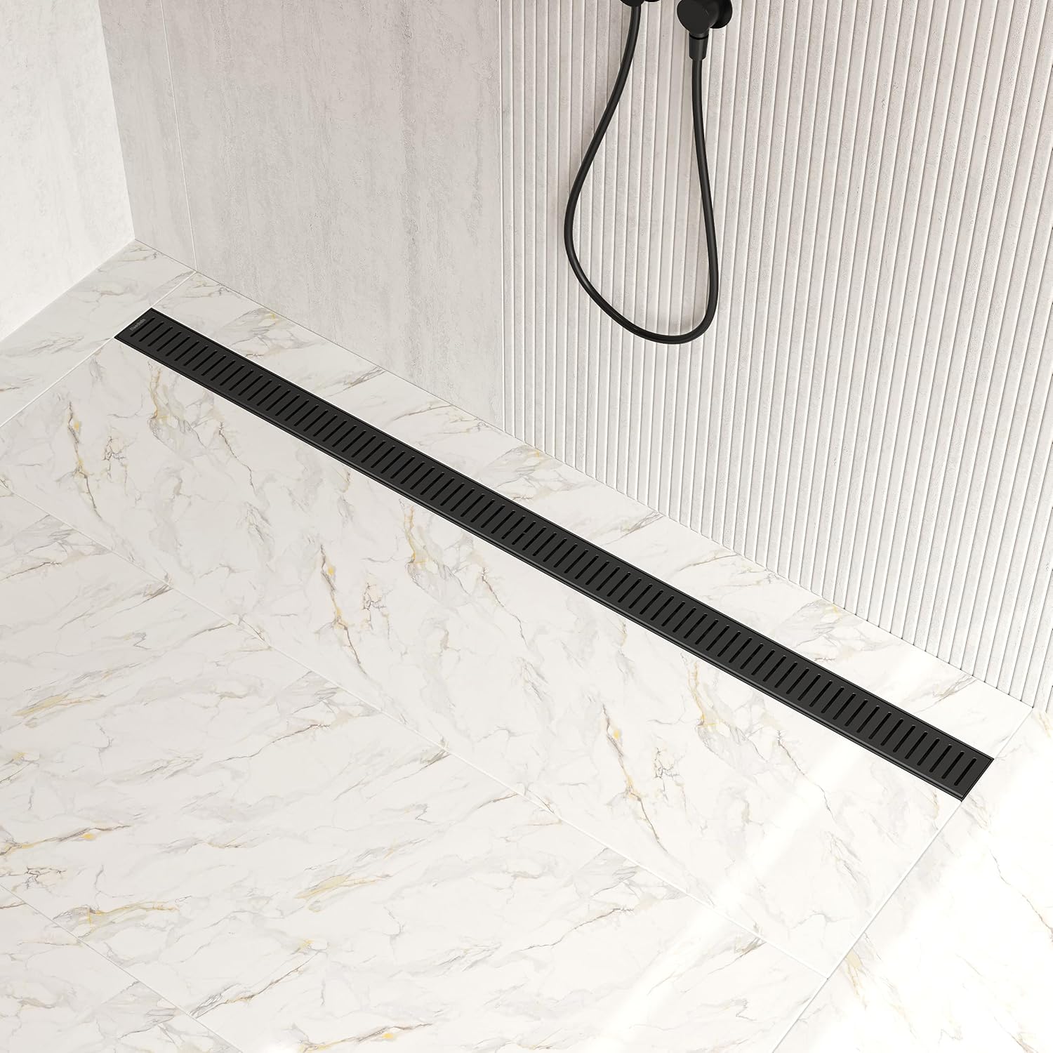 Neodrain Linear Shower Drain with Removable Capsule Pattern Grate, 304 Stainless Steel Rectangle Shower Drain, Linear Drain with Adjustable Leveling Feet, Hair Strainer (Matte Black, 48 ")