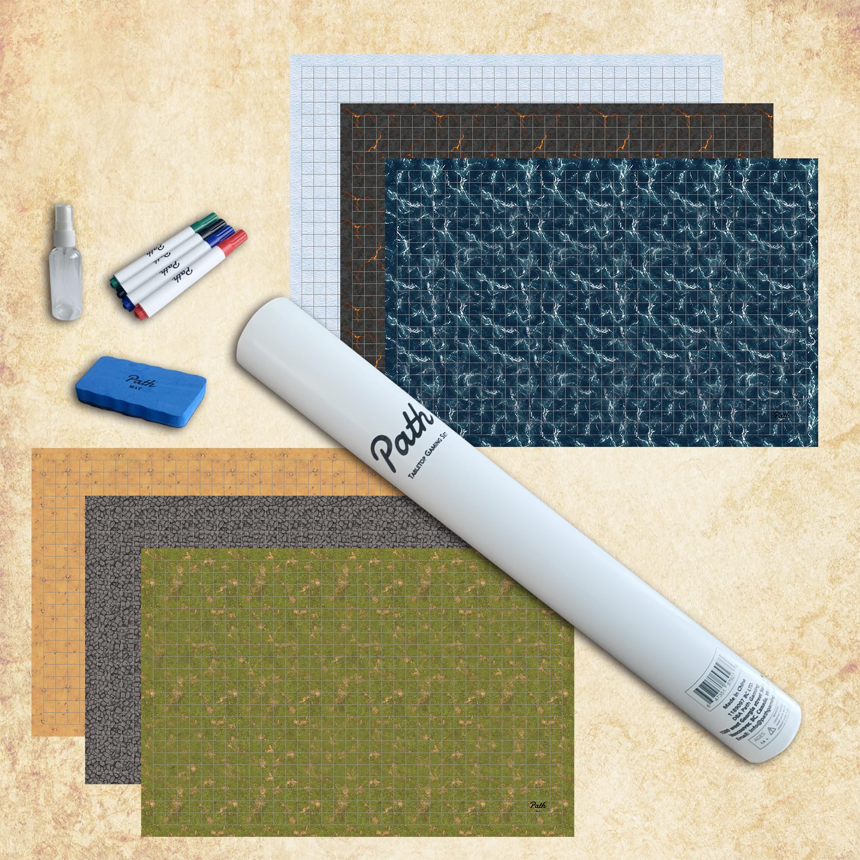 Path Gaming Alfombrilla de juego Battle Grid de doble cara de 36 x 24 pulgadas, 3 alfombrillas, 6 terrenos, 4 marcadores, 1 borrador y 1 botella de pulverización. Ideal para Dungeons and Dragons/DND