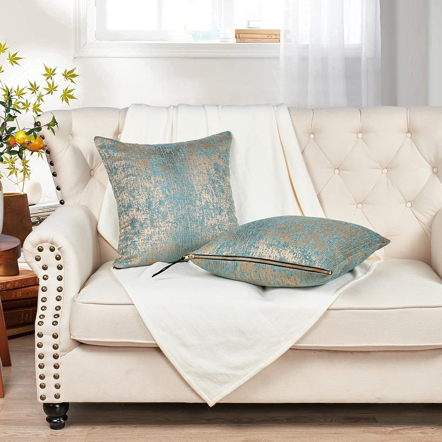 Home Soft Things Serenta Jacquard Chenille Big Zipper 2 Piece Pillow Shell Set, Teal/Camel, 20" x 20"