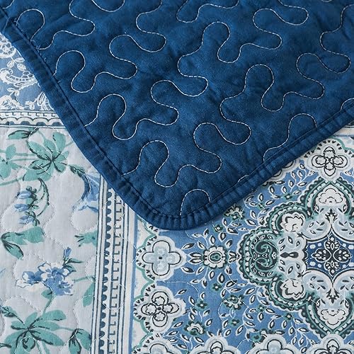 Miniatura 6 de NEWLAKE - Juego de colcha de algodón - Juego de cubrecama reversible con diseño de patchwork, patrón bohemio clásico - California king, azul
