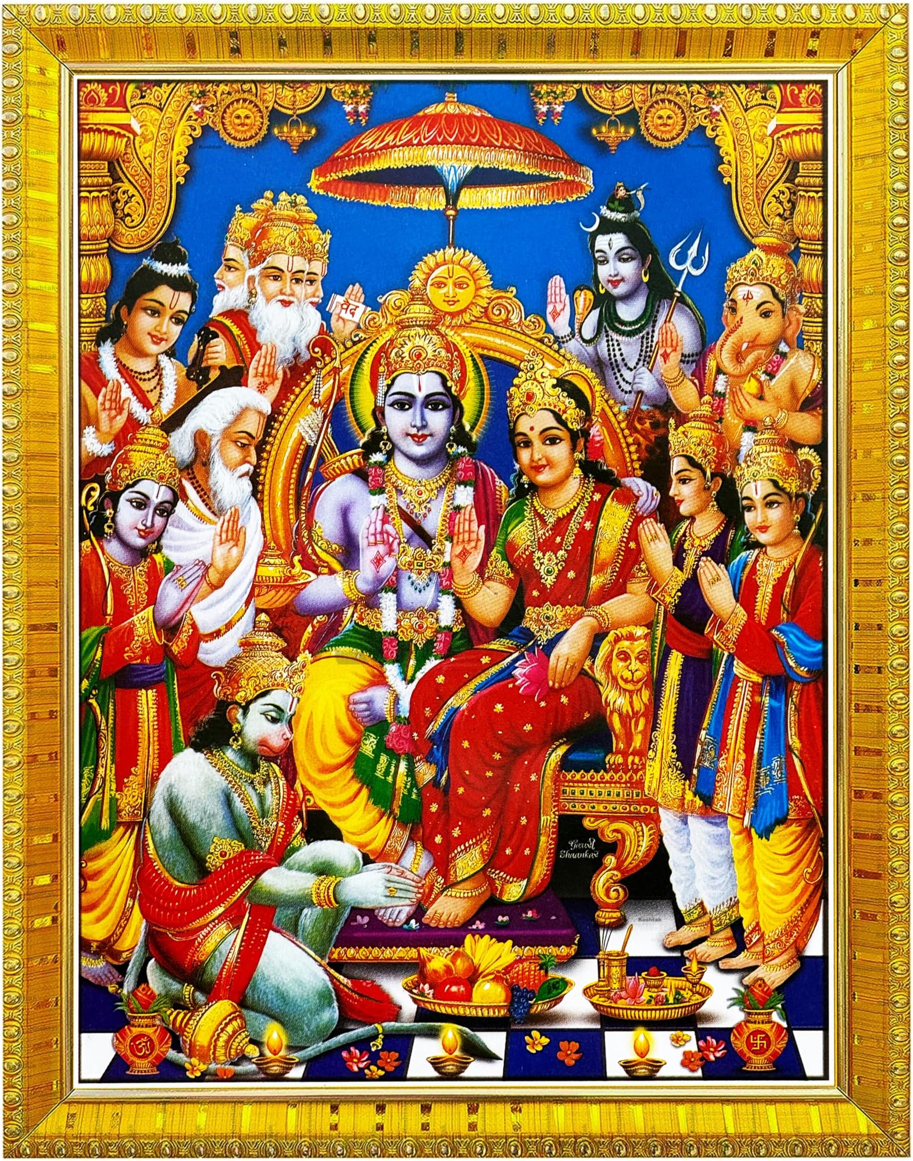 Ram Darbar/Ram Sita With Laxman Hanuman Shiva Brahma Ganesh Bharat Luv Kush photo frame with Laminated Poster for puja room temple Worship/wall hanging/gift/home decor (30 x 23 cm)….