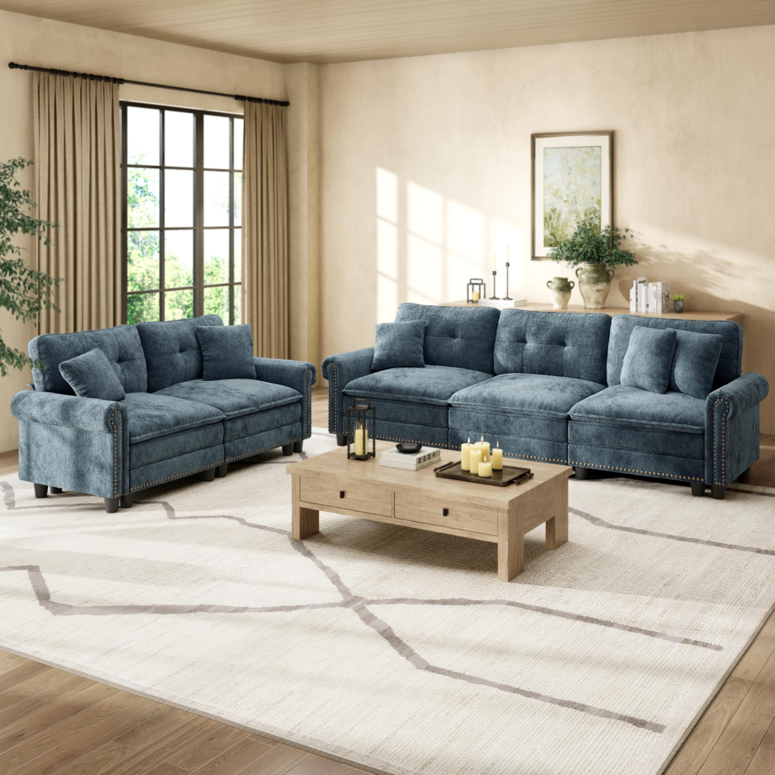 HERAS HOUSE 2 Pieces Modular Sectional Sofa Sets Oversized Couch Set with Loveseats Comfy Cloud Couches with Throw