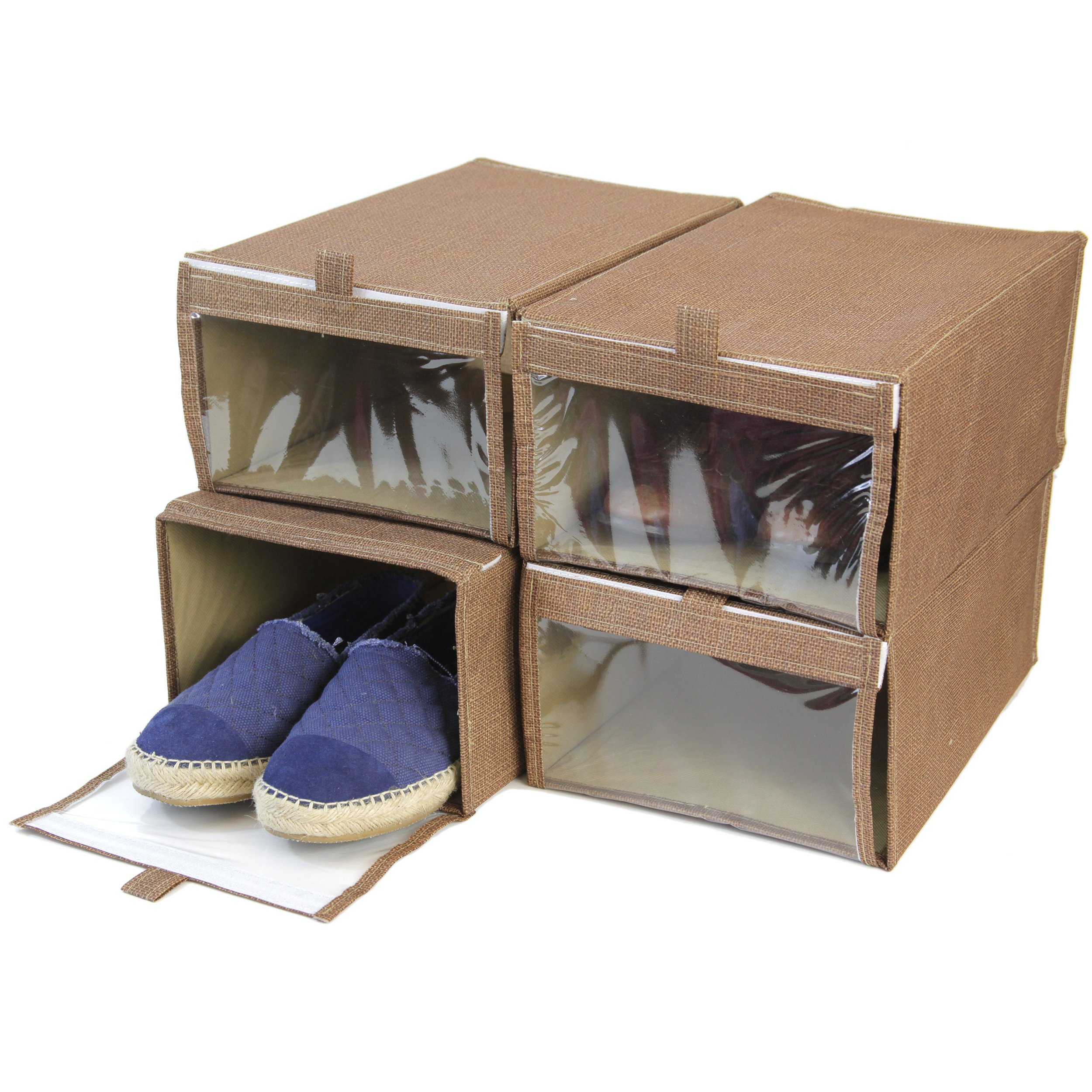 Set of 4 - Shoe Box XL Closet Organization with See Through Window (Brown Linen)