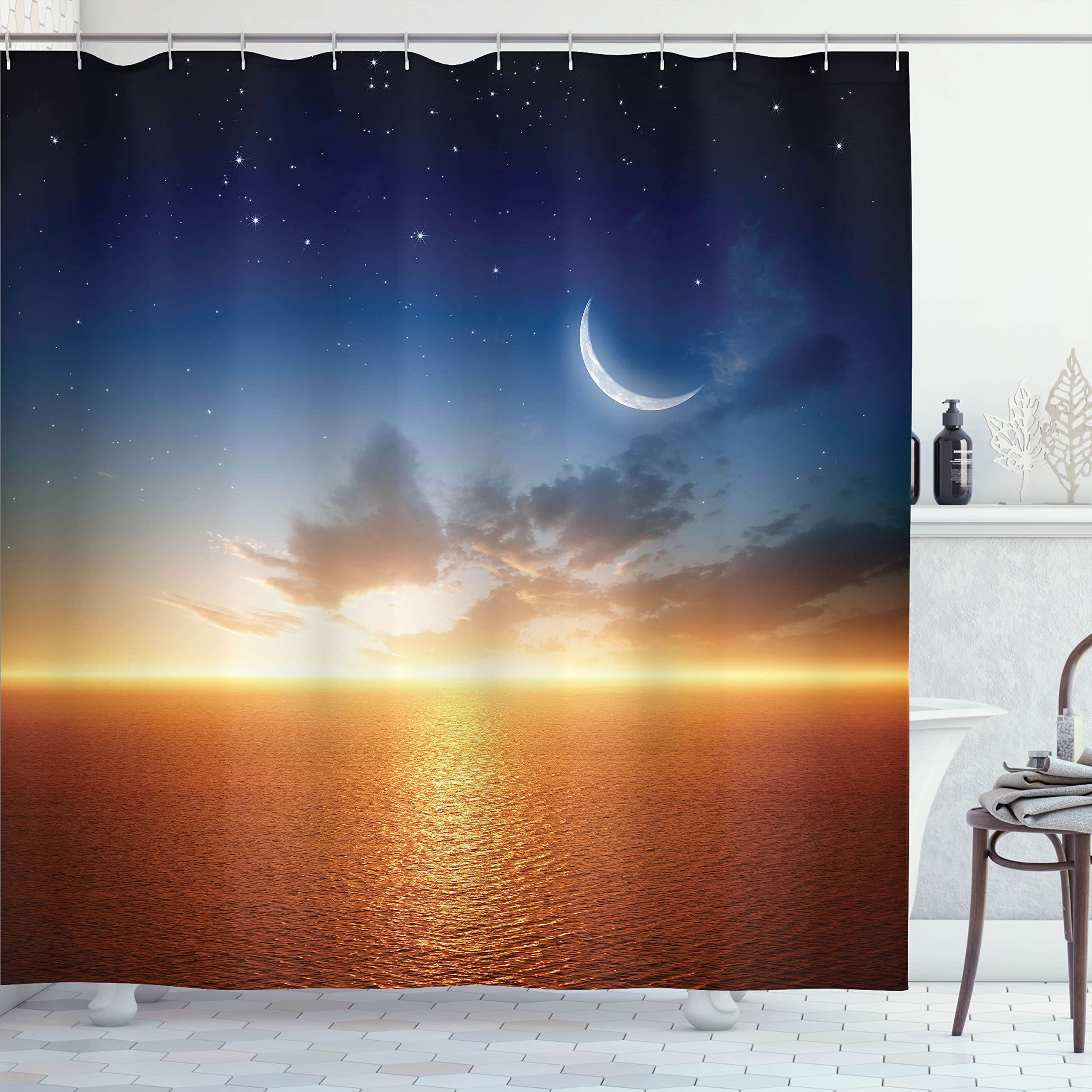 Ambesonne Ocean Shower Curtain, Sunset Sky with Moon and Stars Horizon Scenery Fantasy View Art Print, Cloth Fabric Bathroom Decor Set with Hooks, 69" W x 84" L, Navy Yellow Orange