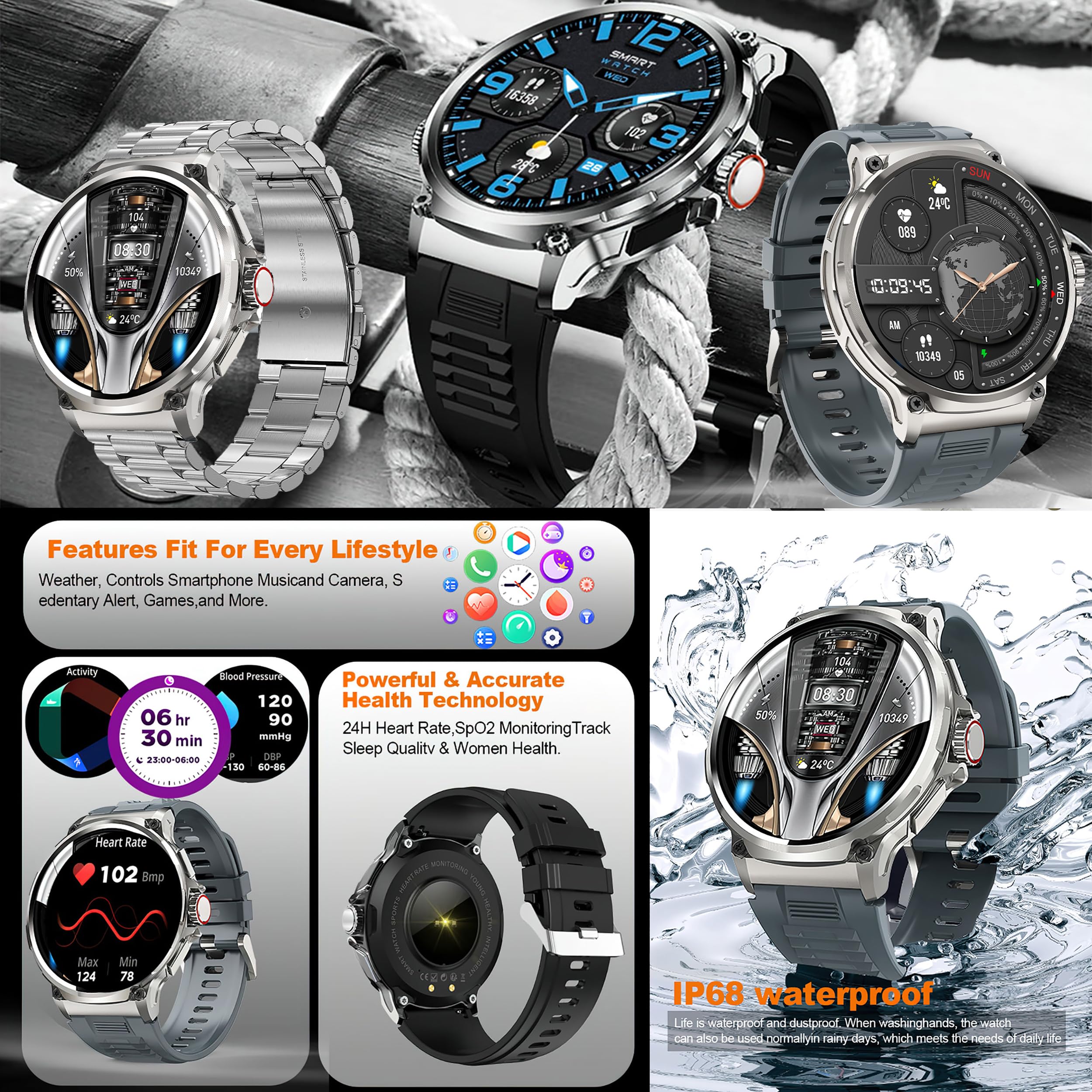 1,85'' AMOLED Smartwatch Uomo con Chiamate Bluetooth, 2025 Nuovo Orologio Fitness con 24/7 Monitor Temperatura Corporea Sonno e Cardiofrequenzimetro, SpO2, Orologio Sportivo 3ATM iOS Android (Argento)