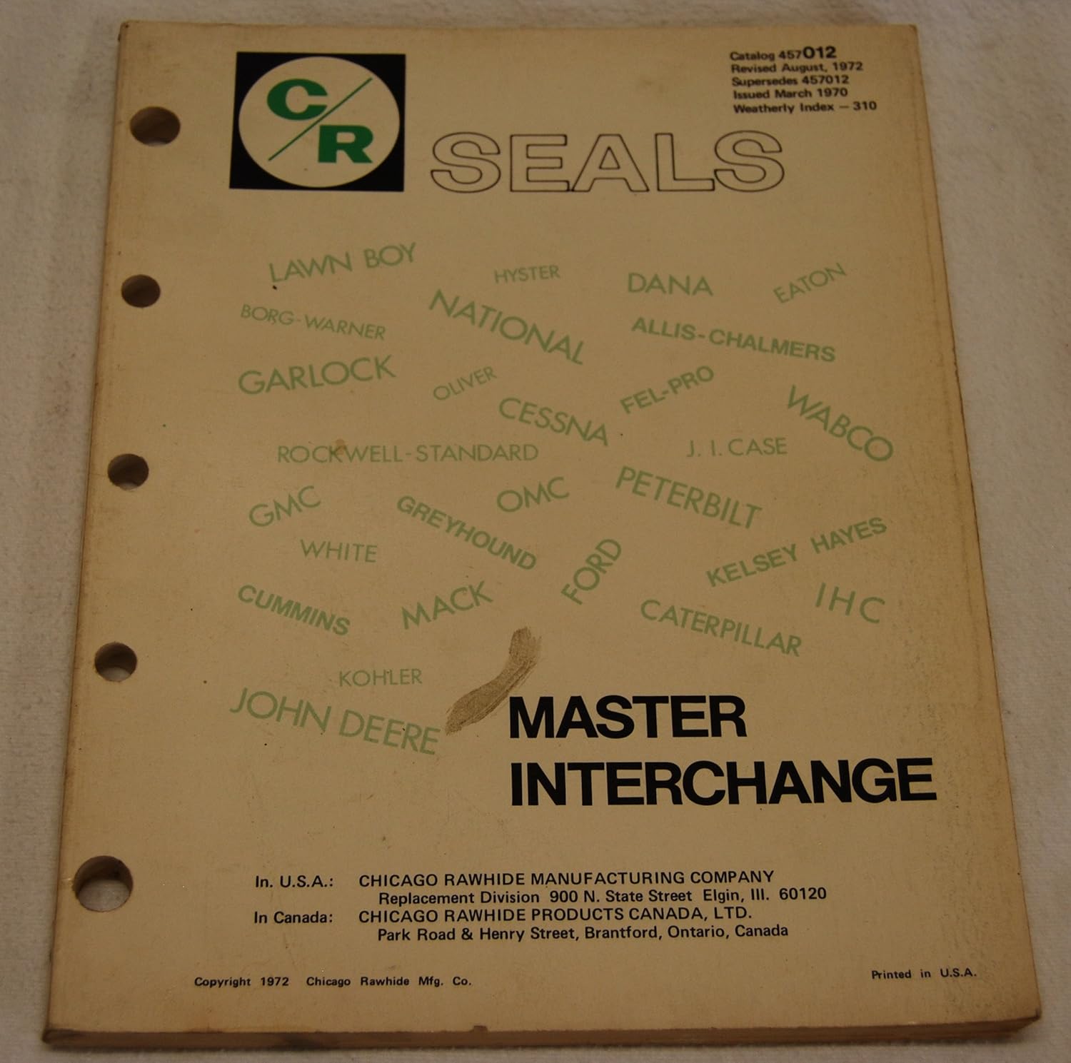 Chicago Rawhide Oil Seals 457012 Master Interchange Catalog 1972