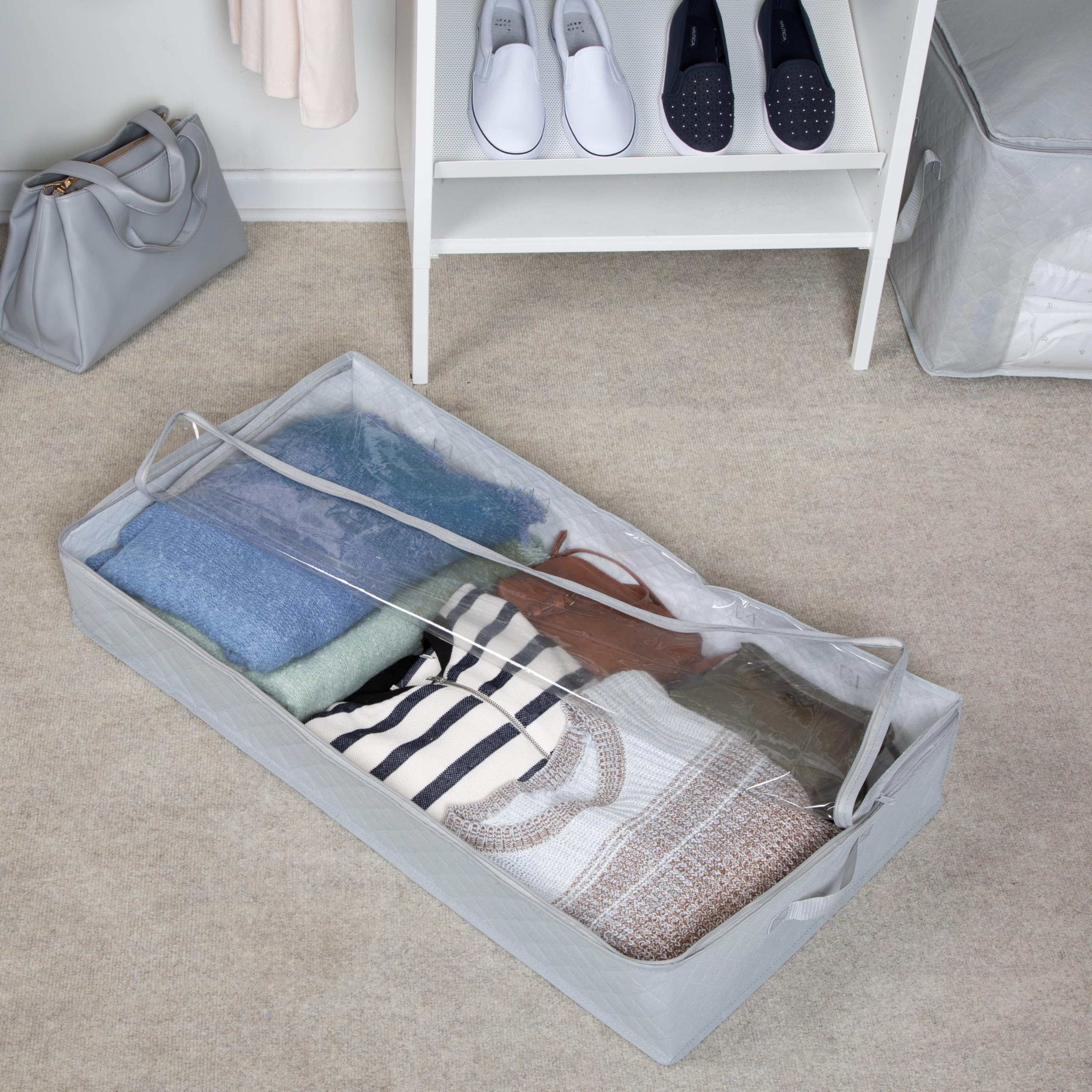 Honey-Can-Do 3-Pack Under Bed Fabric Storage Container Bags For Clothes & Blankets with Window and Handles, 34 x 17.9 x 5.9 Inches, Grey