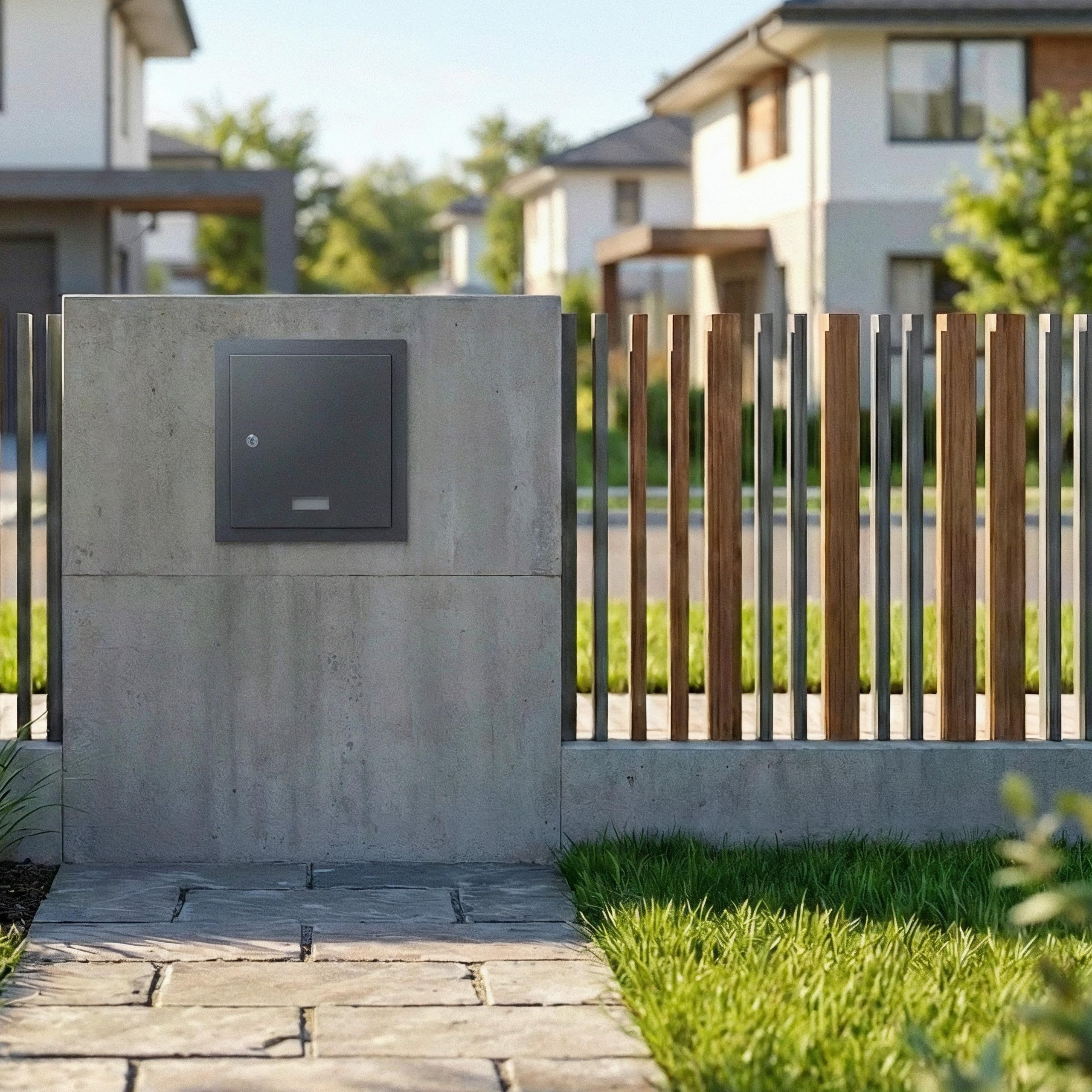 Sillar Buzón Empotrado en Pared Antracita con Placa para el Nombre | Caixa de Correo Exterior de Acero Galvanizado con Marco de Cobertura | Tapa Doble | 33 x 35 x 19-26 cm | Cerradura y 4 Llaves