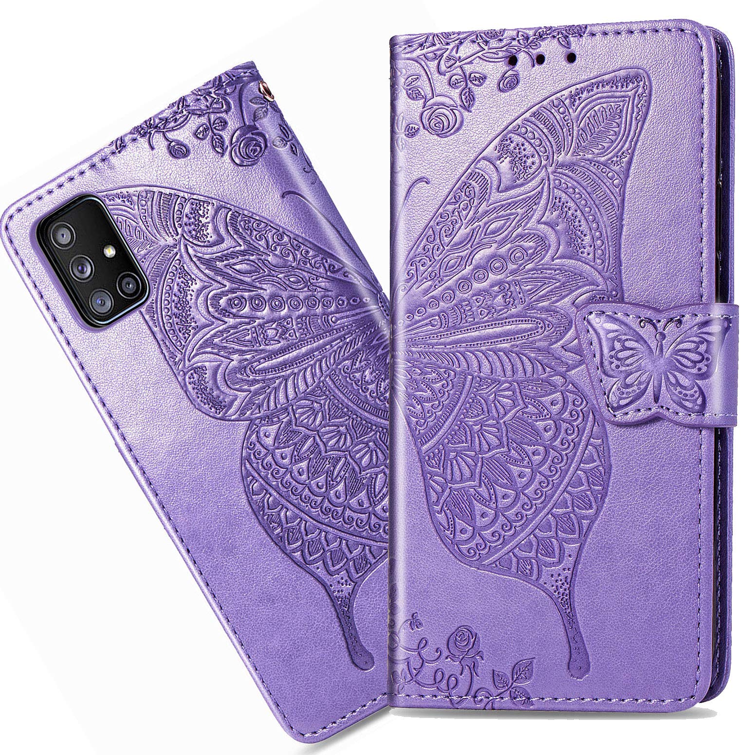 ZYZX Samsung Galaxy A71(5G) 3D Butterfly Flower Wallet Case, Leather Flip Phone Shell w/Credit Cards Slot Shockproof Magnetic Protective Cover for Samsung Galaxy A71 5G HZD Light Purple
