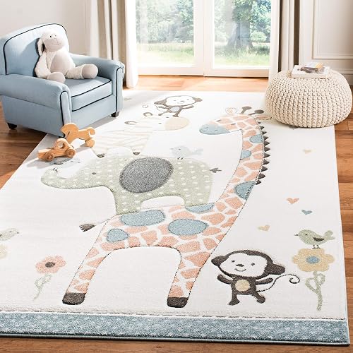 SAFAVIEH Carousel Kids Collection Area Rug - 6'7' Square, Ivory, Animal Design, Non-Shedding & Easy Care, Ideal for High