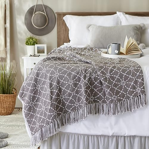 Miniatura 4 de DII Manta de círculos concéntricos grises con flecos, 50x60