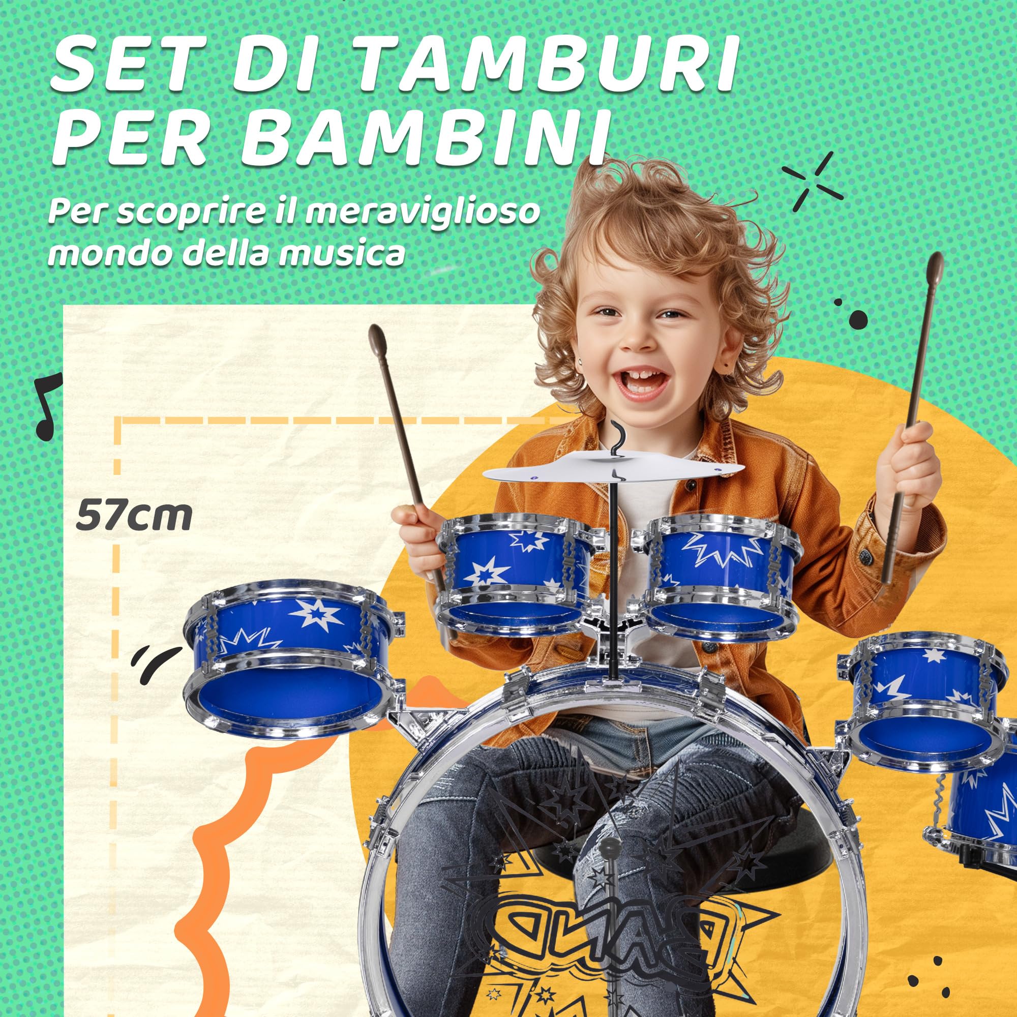 AIYAPLAY Set Batteria per Bambini con Grancassa con Pedale 3-6 Anni Blu | Gioco Musicale per Bambini, Tamburi Medi e Piccoli, Piatto, Sgabello
