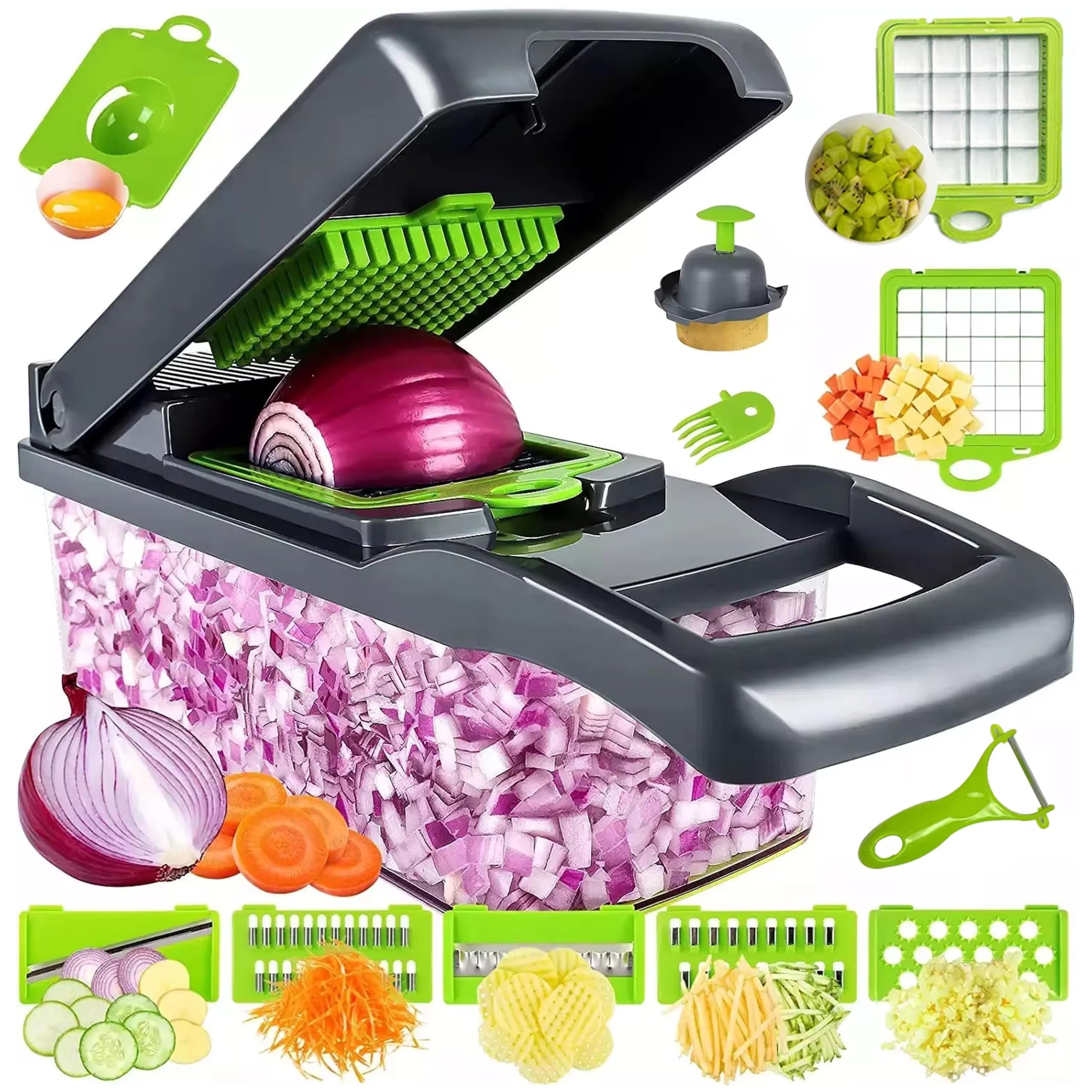 MEHZU Vegetable Chopper, 16 in 1 Food Slicer, Onion Chopper, Mandoline Vegetable Slicer, Cutter, Spiralizer, 8 Interchangeable Stainless Steel Blades, Includes a Food Storage for Kitchen
