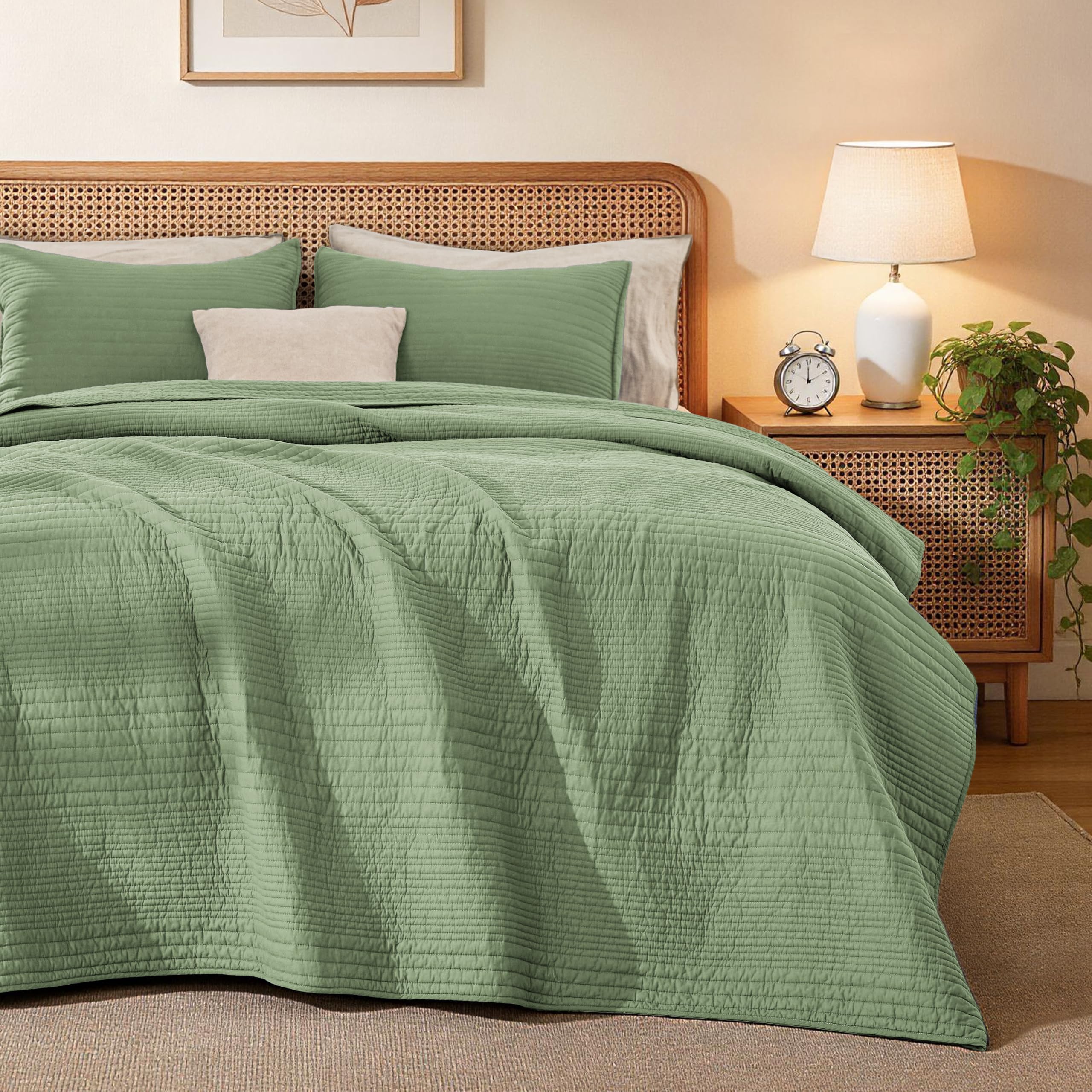 Photo 1 of Love's cabin Queen Cotton Quilt Set - Sage Green, Striped Textured