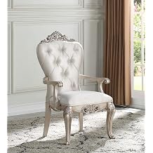Dining Chairs Set of 2, Arm Chair, Cream Fabric Accent Chair, Golden Finish, High Backrest with Tufted Back, Scrolled Arms, Queen Anne Legs
