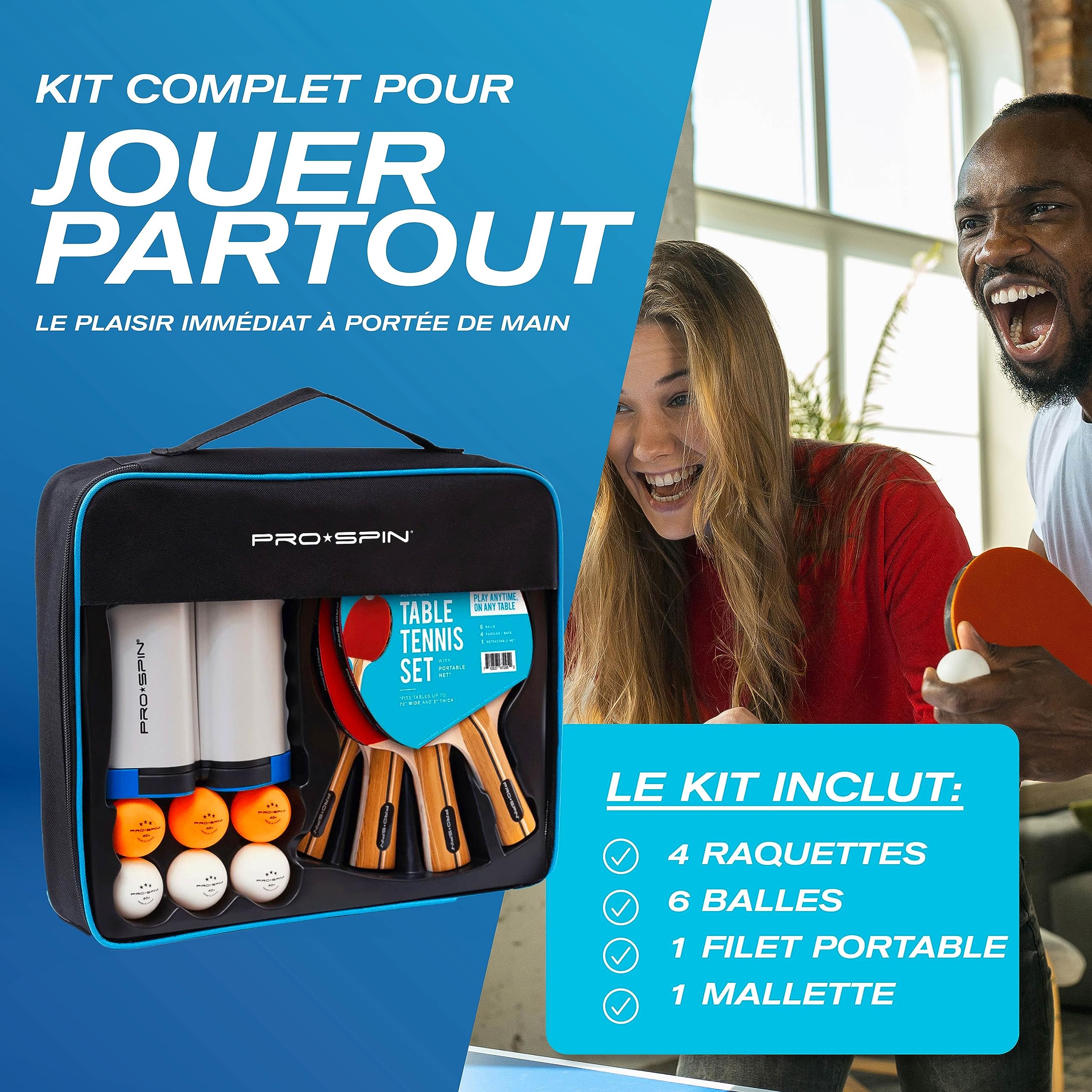 PRO-SPIN Set de Raquettes de Ping-Pong Portable | Kit de Qualité avec Filet Ping Pong pour Toute Table, Raquettes Tennis de Table Hautes Performances, Balles de 3-Étoiles - 3