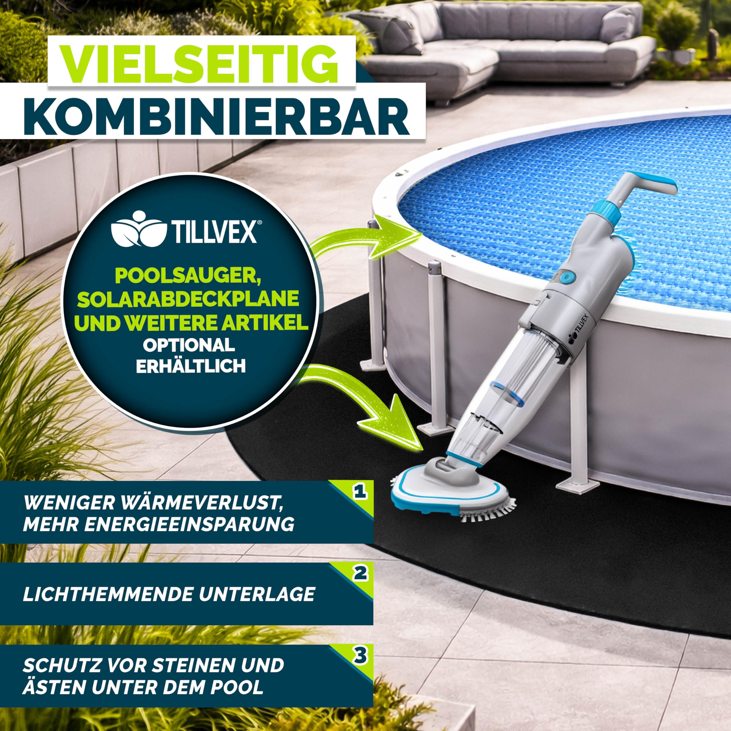 tillvex® Premium Pool Unterlage Rund 430 cm Geotextil 400g/m² | Bodenplane für Pools bis Ø 400 cm | Poolmatte zuschneidbar Bodenschutzvlies Schwimmbecken | Reißfeste Poolunterlage Bodenschutzmatte