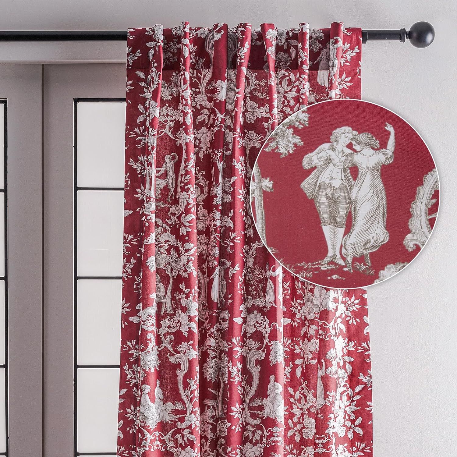 Maison d' Hermine Curtains for Living Room 100% Cotton 124 inch Length One Panel Light Filtering Toile Curtains for Bedroom Windows with Rod and Loop Pockets Drapes (Joli Jouy Red, 50" W x 124" L)