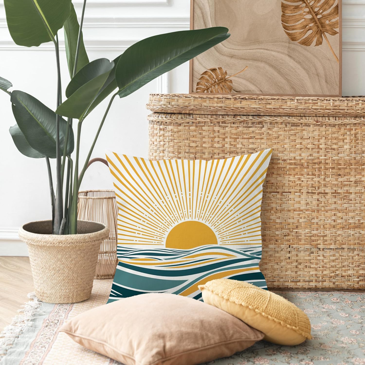 Abstract Boho Sun Ocean Pillow Cover 18x18, Modern Abstract Gold Sunrise Sunset Boho Coastal Sea Waves Decorative Throw Pillow Cover Case for Home Bedroom Living Room - Image 3