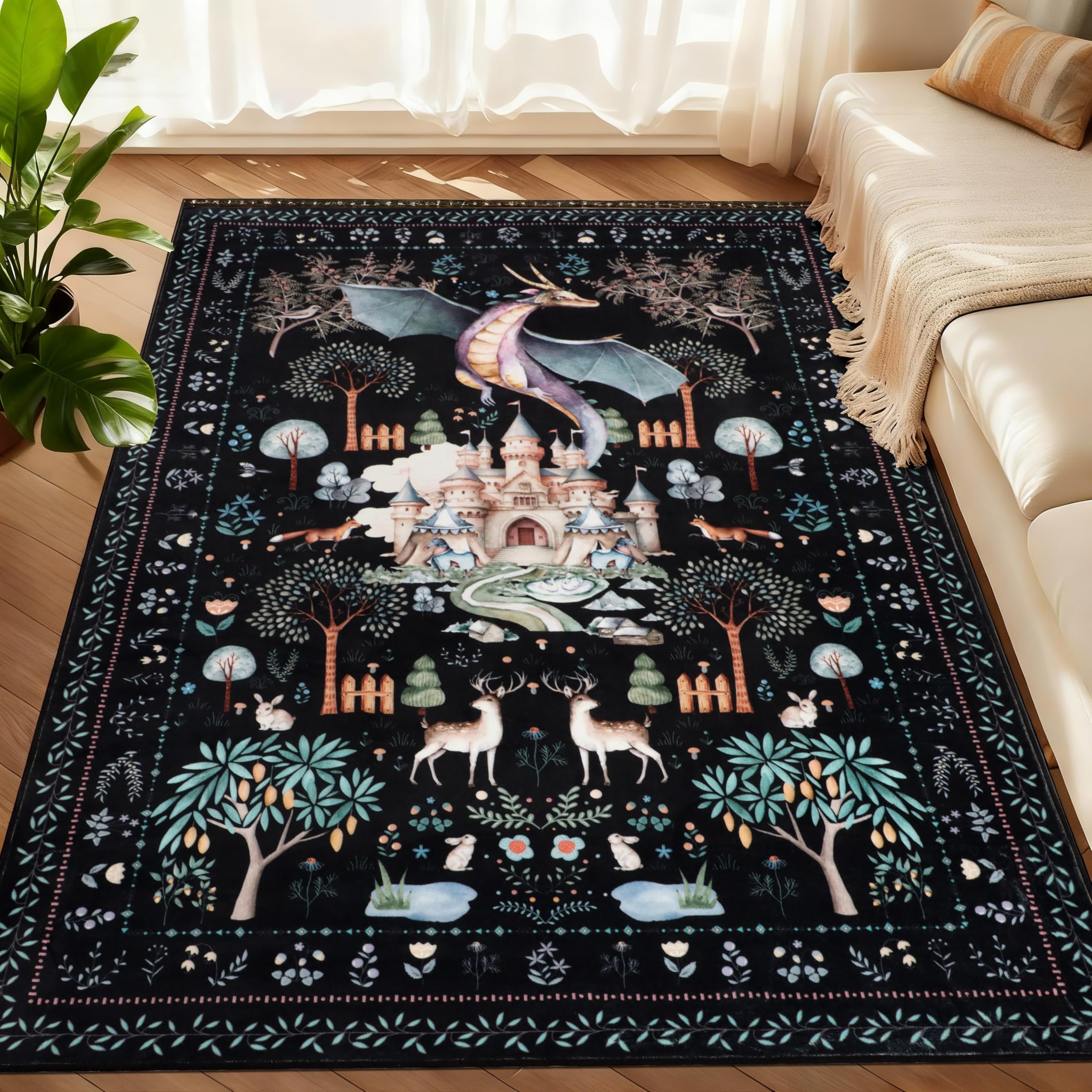 Tapis de salon antidérapant noir 120x180 cm lavable style jungle