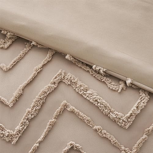 Miniatura 6 de KAKKI Juego de edredón y sábanas de 7 piezas tamaño Queen con diseño de cheurón caqui, estilo bohemio, desgastado y elegante, de microfibra suave,